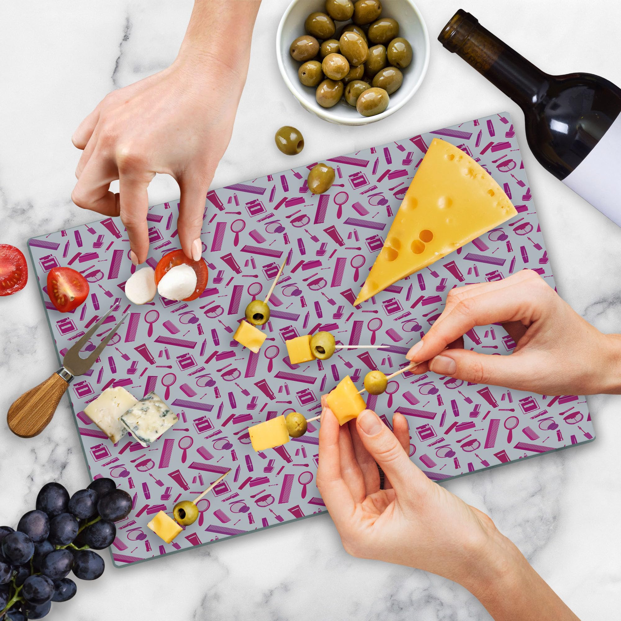 Ambesonne Pale Pink Glass Cutting Board - Decorative Tempered Glass Serving Board with Magenta Pink & Purple Comb Pattern - Large Size Kitchen Accessory for Food Prep, Charcuterie & Home Decor