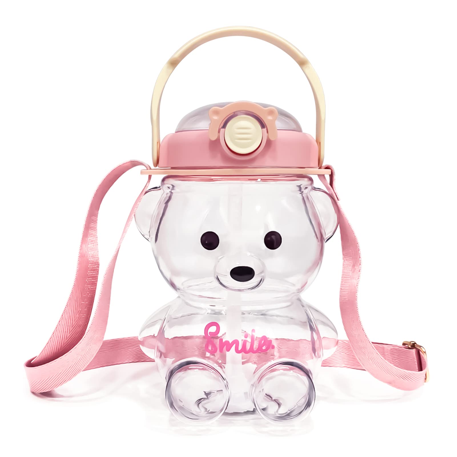 **Kawaii Bear Water Bottle with Straw & Strap - Cute BPA-Free Leakproof Drinking Cup for Kids, Girls & Women - Ideal for Sports, Camping, Picnic, Hiking & Travel (Pink)**