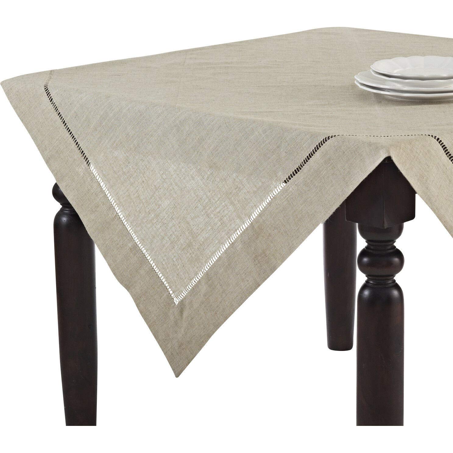 Fennco Styles Toscana 60x60 Inch Hemstitched Linen Blend Tablecloth - Contemporary Elegance for Dining Tables, Wedding Decor & Party Settings (Natural Color)