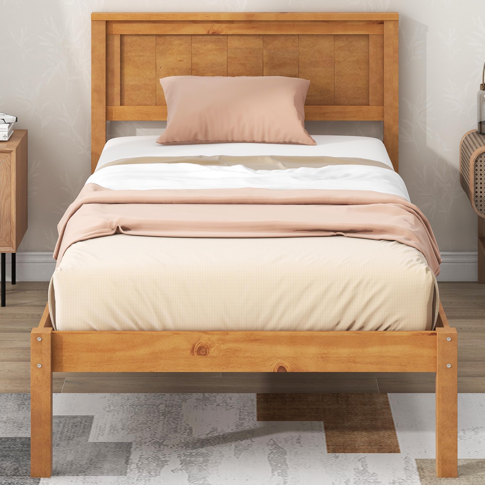 Merax Twin Size Wood Platform Bed Frame with Headboard - Sturdy Oak Wood Slats Support, No Box Spring Needed - Perfect for Kids Rooms, Guest Bedrooms & Small Spaces