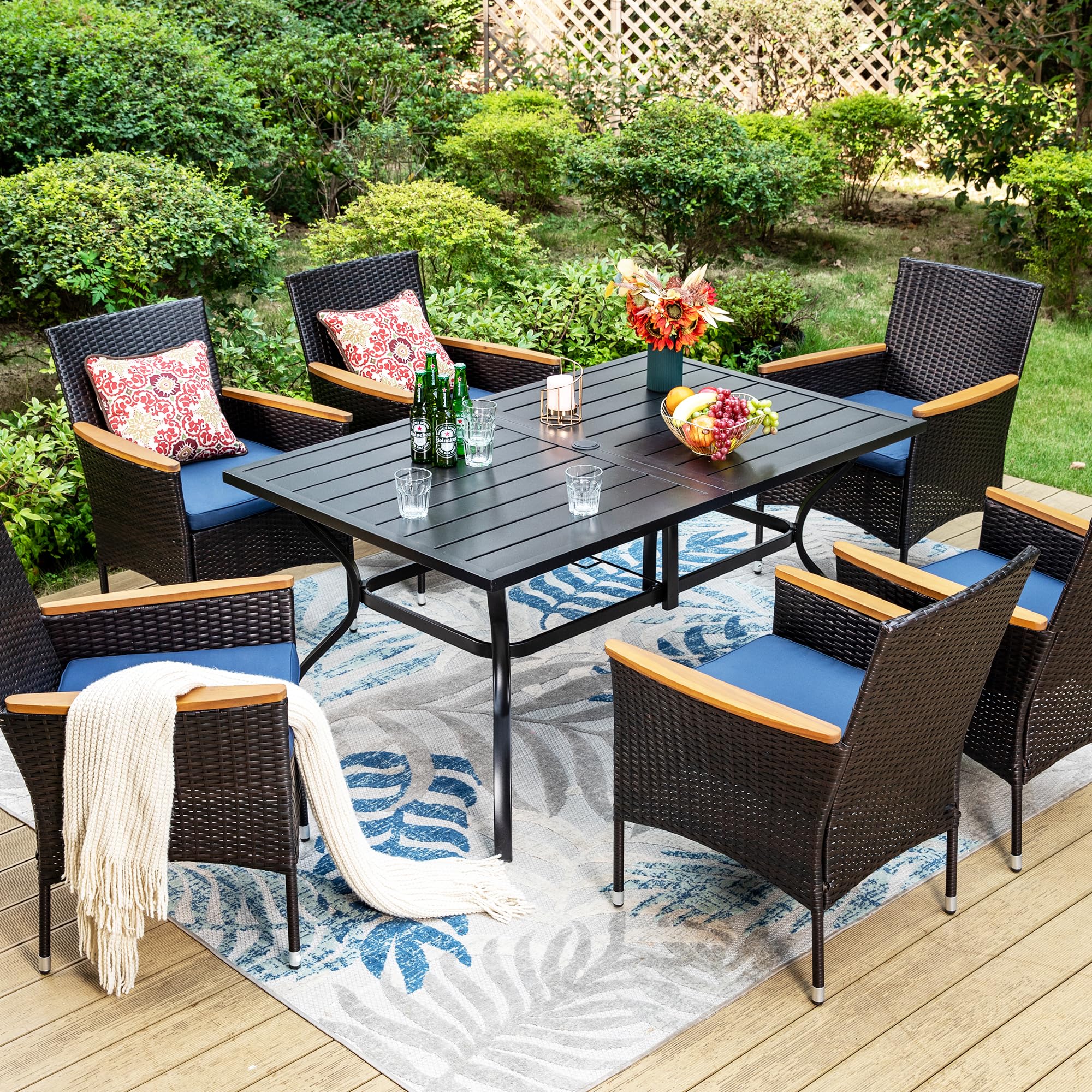7-Piece All-Weather Patio Dining Set with Rectangular Table & Rattan Chairs - Outdoor Furniture for 6 People with Adjustable Umbrella Hole (1.6