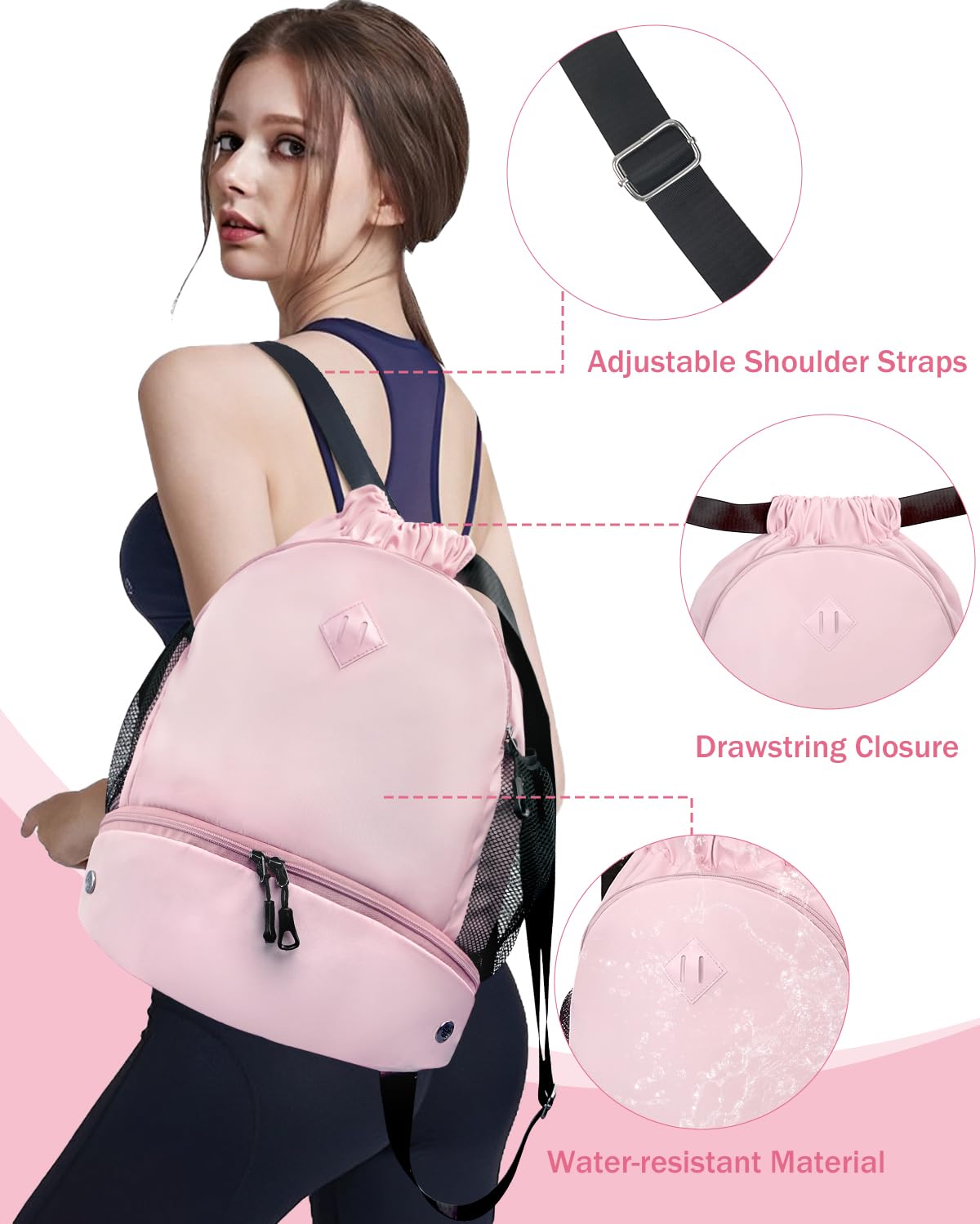 **Drawstring Backpack for Gym & Sports - Lightweight Water-Resistant Backpack with Shoe Compartment & Wet Pocket - Perfect for Swimming, Beach, Running & Travel - Pink**