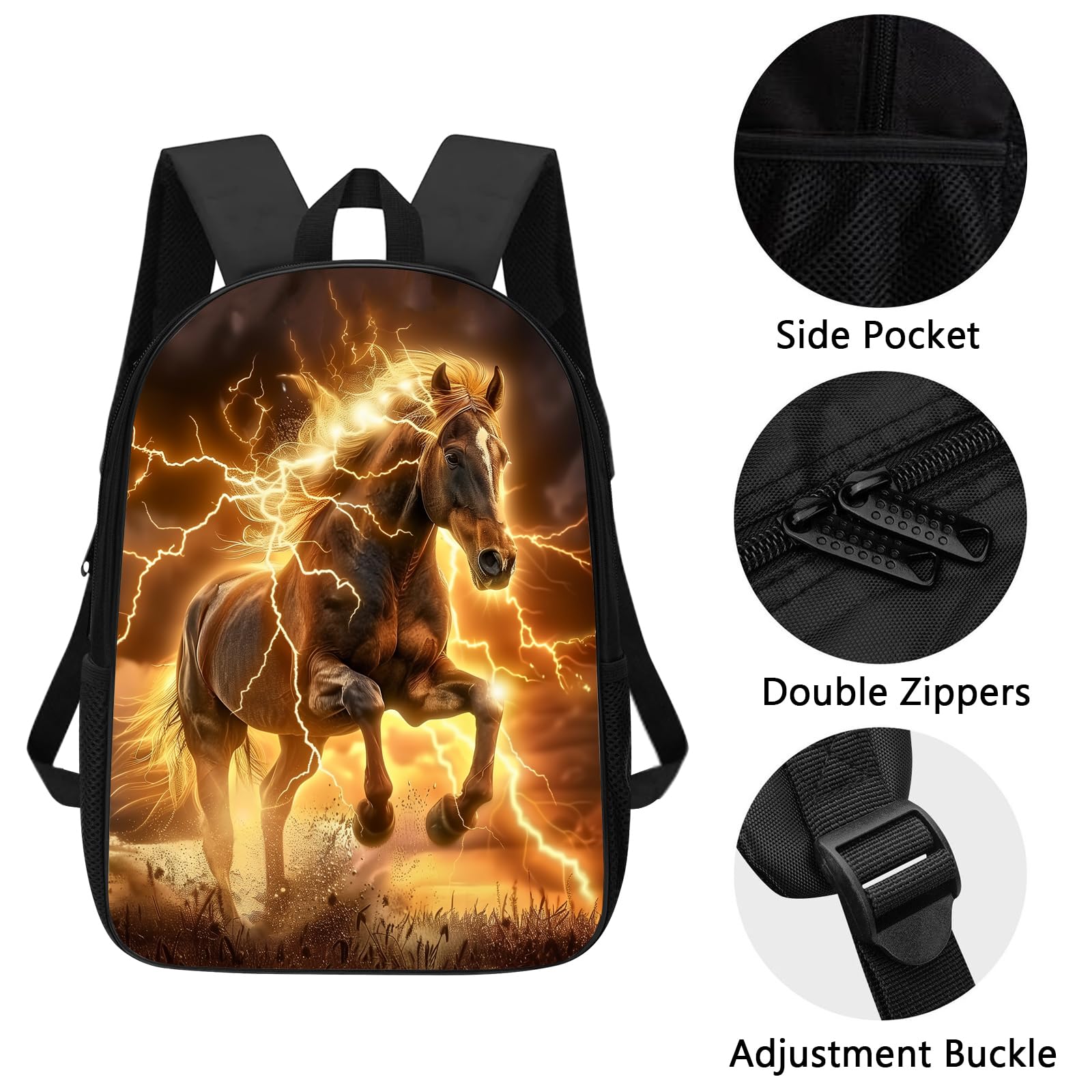 Lightning Horse Backpack for Boys & Girls - 17 Inch School Bag with Laptop Compartment | Durable Kids Backpack for Elementary, Middle, High School & College | Perfect for Travel, Daypack & Daily Use