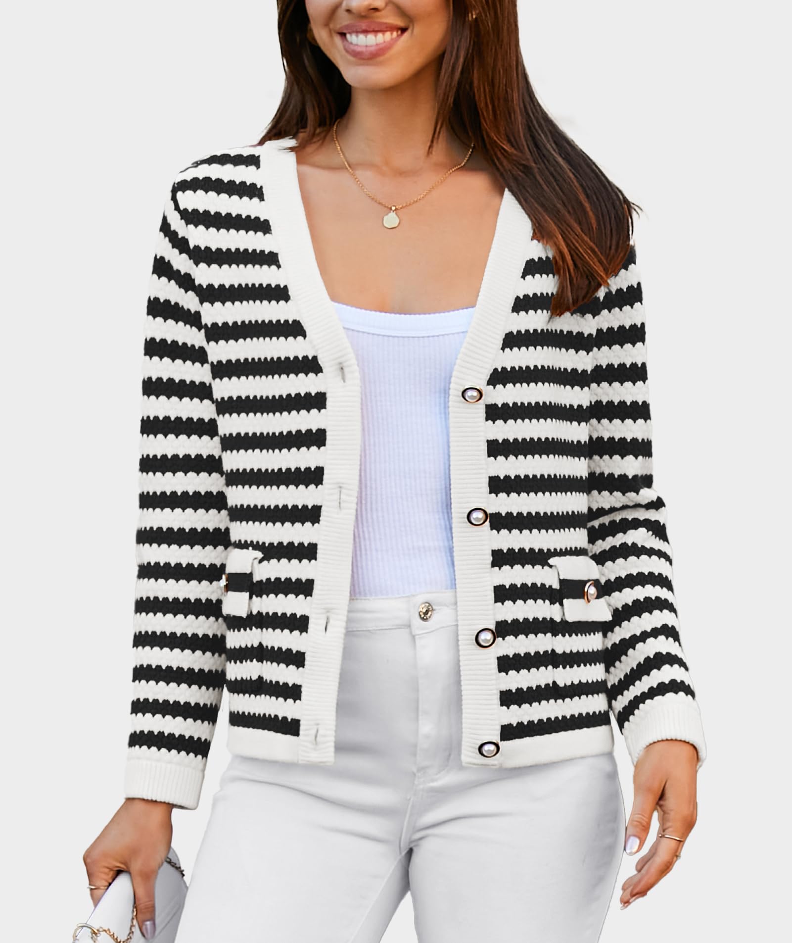 Women's V Neck Button Down Cardigan Sweater - Long Sleeve Knit Open Front Cropped Jacket for Spring | Casual Outerwear for Work, Date Night & Weekend Outings