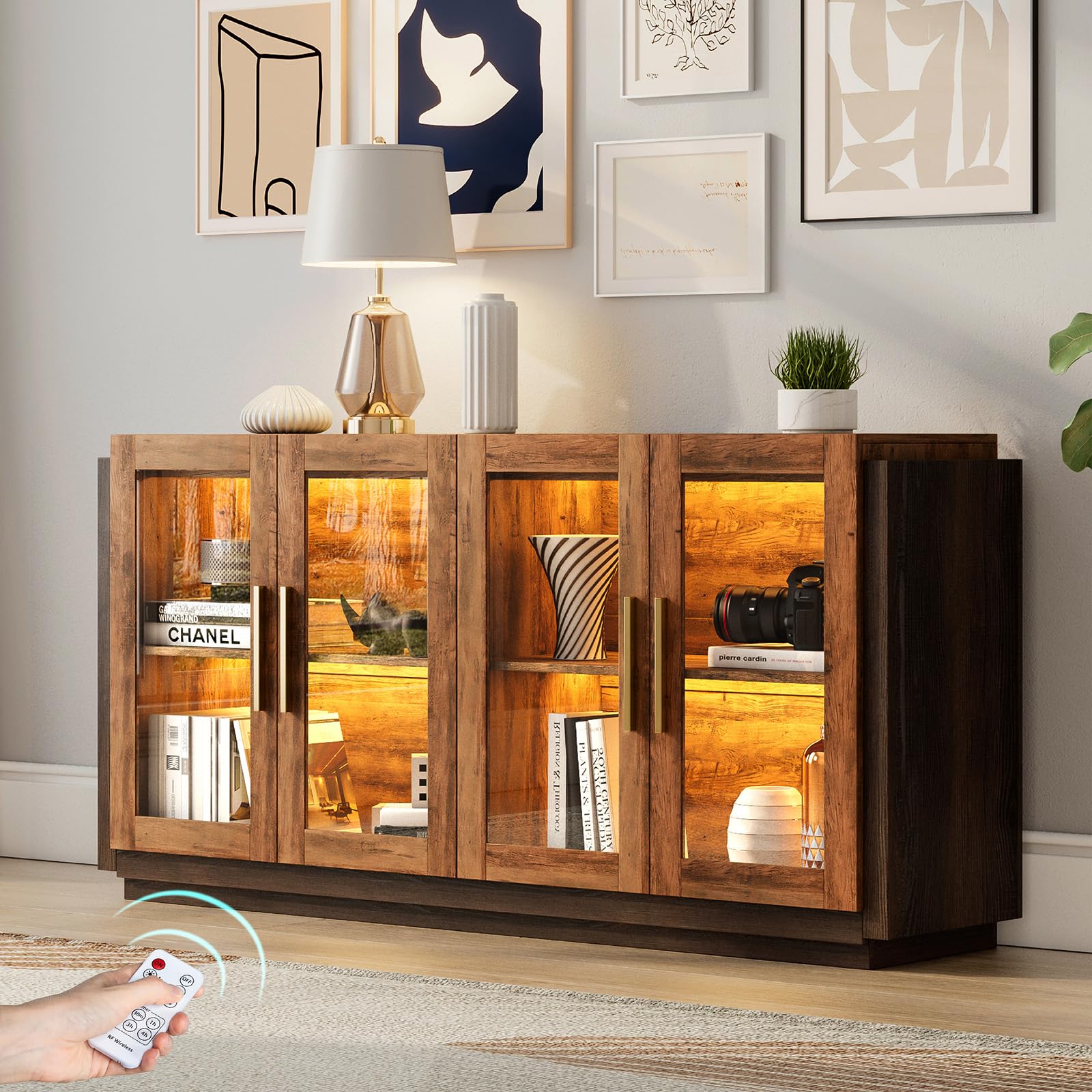 AMERLIFE Modern Sideboard Buffet Cabinet with LED Lights & Glass Doors - Adjustable Shelf Storage Console Table for Dining & Living Room - Barnwood & Brown Accent Furniture (Perfect for Home Decor, Entertaining & Displaying Collectibles)