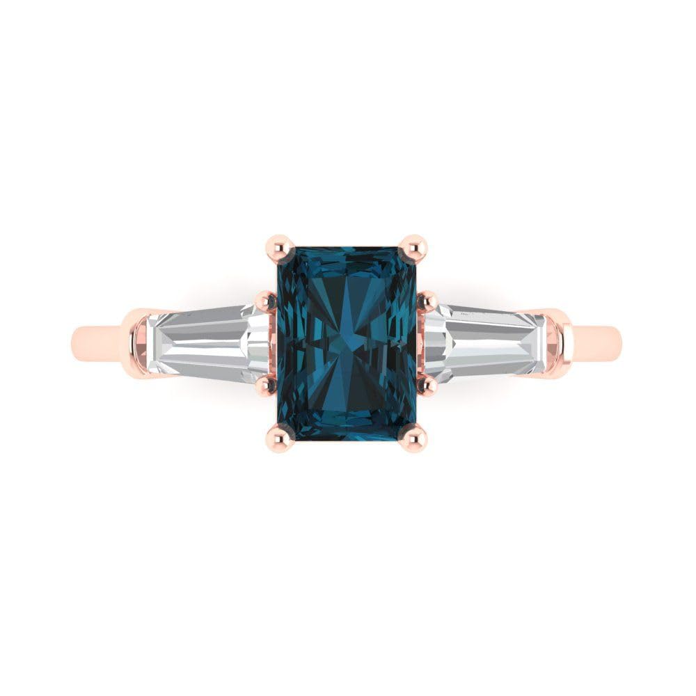 2.0 Carat Emerald Cut Natural London Blue Topaz Engagement Ring with Side Stones - 18K Rose Gold Solitaire Promise Bridal Ring for Anniversary, Wedding & Special Occasions