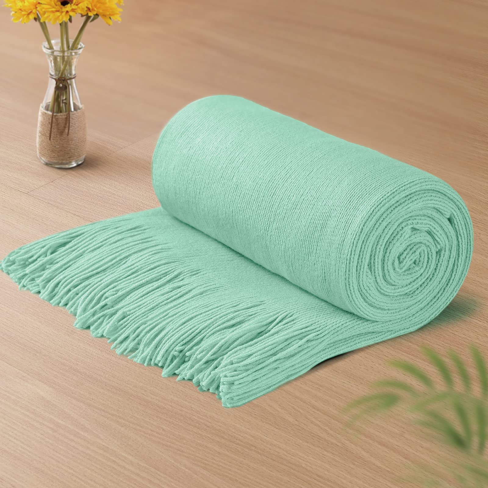 Vonty Mint Green Knitted Blanket with Tassels Fringe 50