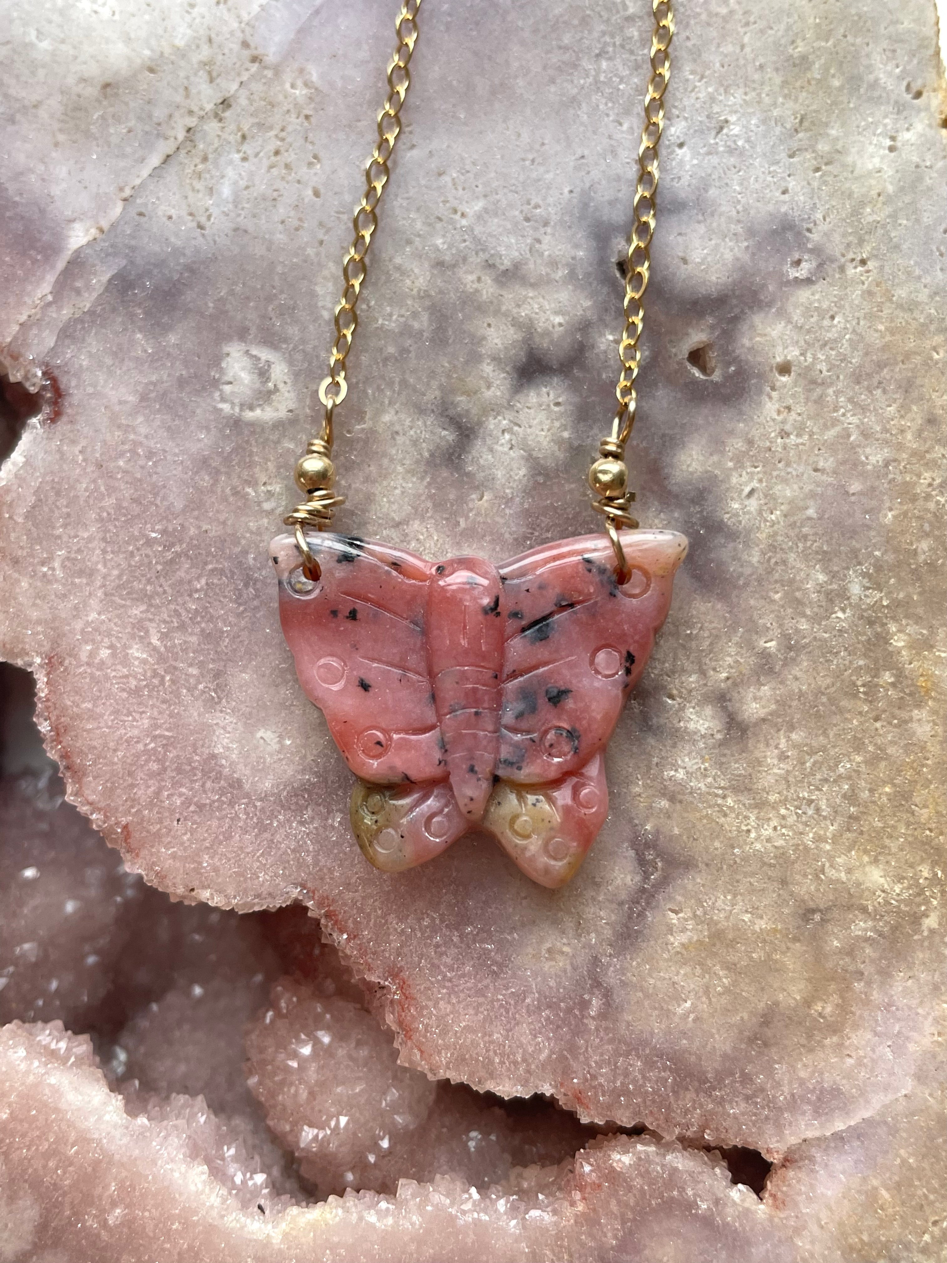 Pink Opal Butterfly Pendant Necklace - Dainty Gemstone Jewelry for Women, Elegant Gift for Birthday, Valentine's Day & Special Occasions