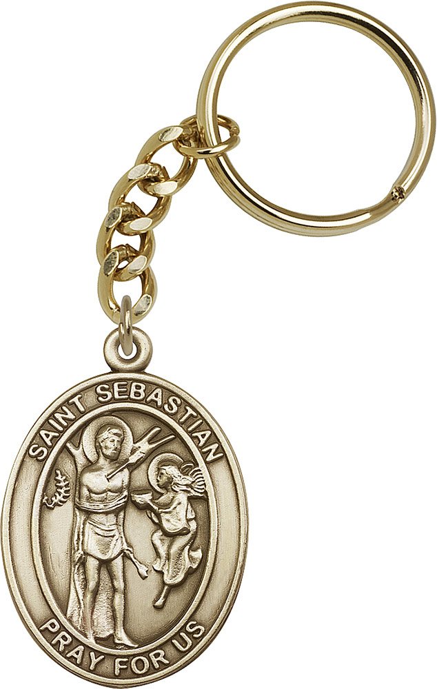 Antique Gold-Plated St. Sebastian Keychain - 1 7/8 x 1 1/4 Inches - Religious Jewelry Gift for Men & Women - Perfect for Keys, Bags & Everyday Carry Accessories