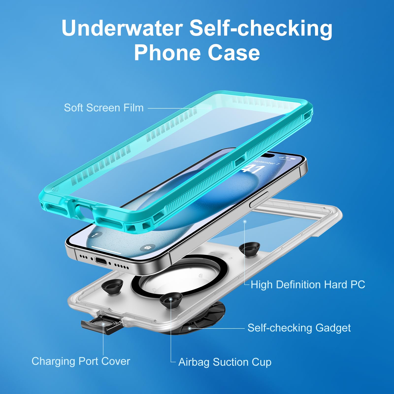 Beasyjoy Waterproof Phone Case for iPhone 16/15/14/13/12/11 & Samsung S24/S23/S22/Google - Universal 6.9 Inch Underwater Snorkeling Diving Case with Self-Check Seal - Blue - Perfect for Beach, Pool, Kayaking and Water Sports