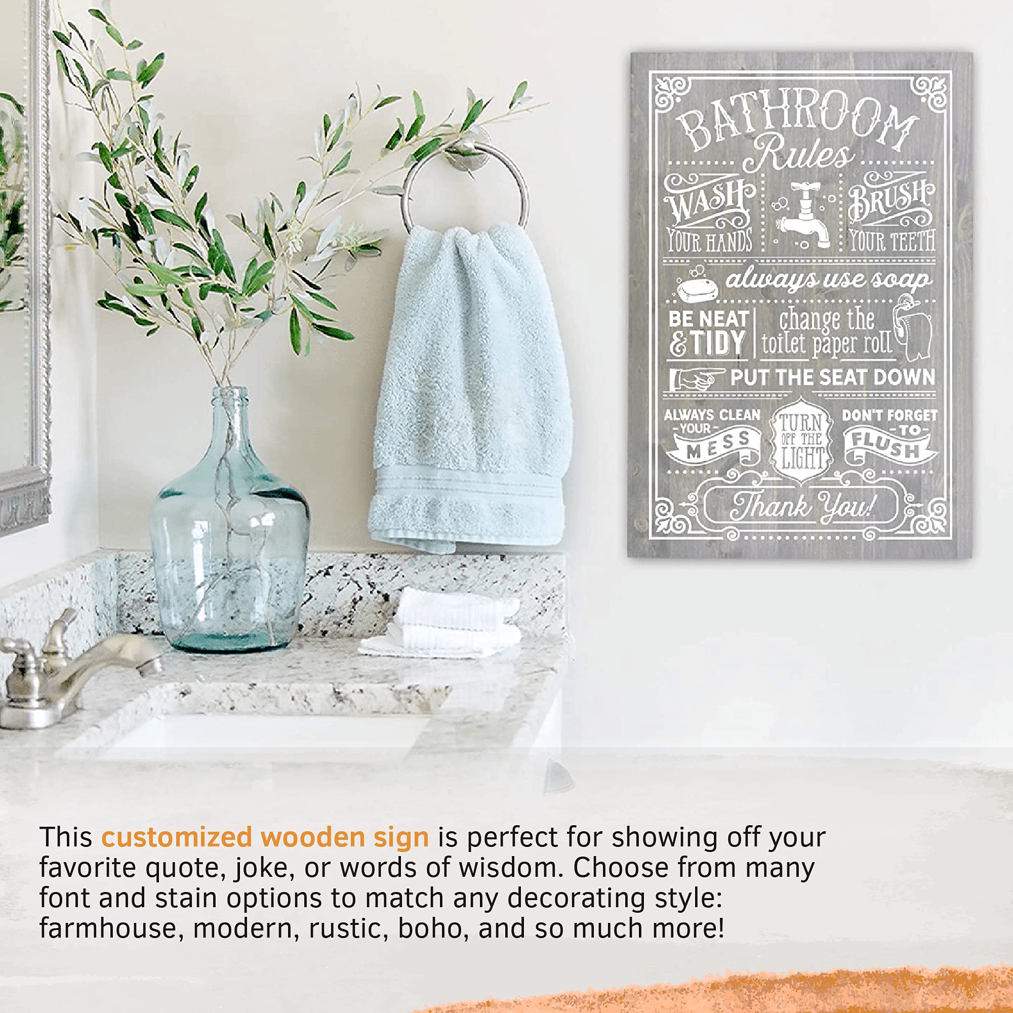 Bathroom Rules Sign 16x24 Inches - Handmade Wooden Wall Decor for Bathroom, Farmhouse & Rustic Style - Ready to Hang | Perfect for Home, Guest Bath & Powder Room Decorations