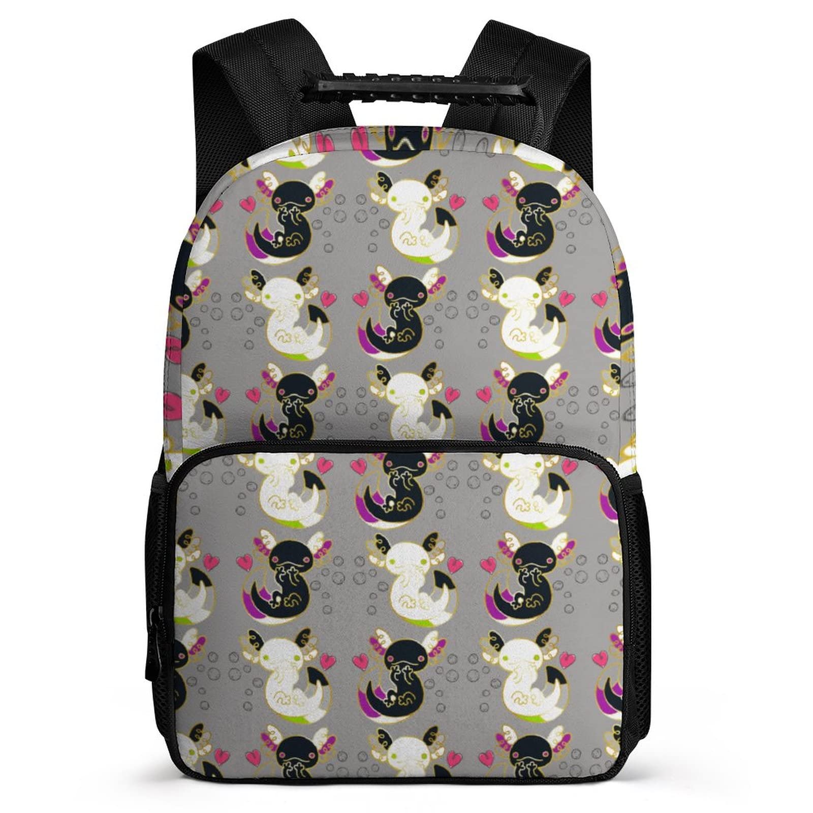 JZDACH Lightweight Anti-Theft Laptop Backpack for School & Travel - Cute Axolotl Design with Hearts & Bubbles in Gray - Perfect for College Students, Boys, Girls & Women | Great for School, Work, Commuting & Weekend Getaways