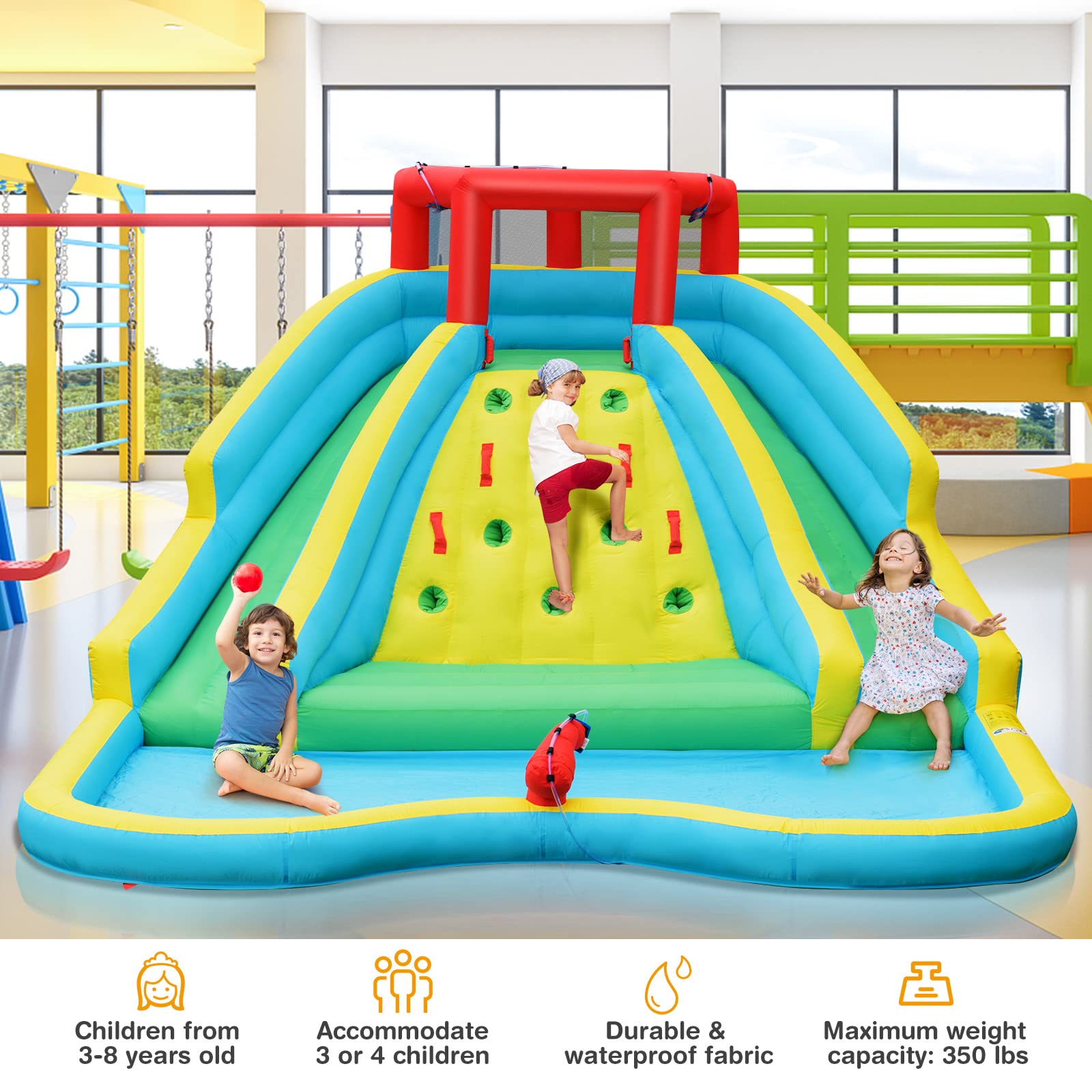 **HONEY JOY Inflatable Water Slide for Kids - Giant Backyard Water Park with 2 Long Slides, Climbing Wall, Water Hoses & Cannon, Large Splash Pool - Outdoor Blow Up Waterslide for Summer Fun (Includes 750W Blower) - Perfect for Birthday Parties, Family Gatherings & Backyard Water Play**