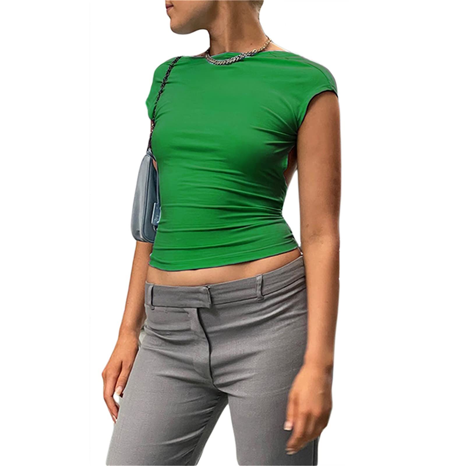 Y2K Backless Crop Top for Women - Short Sleeve Sexy Bodycon T-Shirt | Crew Neck Grunge Streetwear | Perfect for Summer Outfits, Music Festivals & Night Out