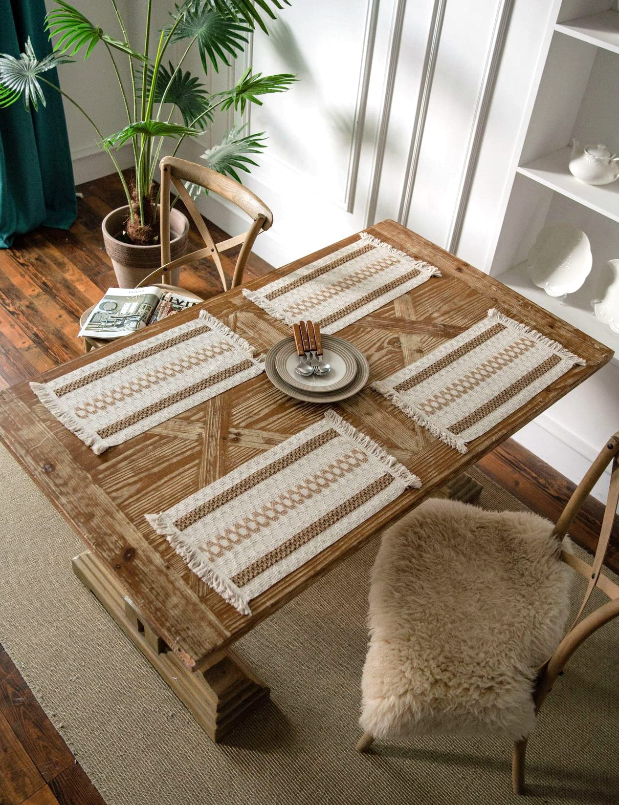 Set of 4 Bohemian Style Handmade Macrame Cotton Placemats - Rectangle Woven Jute Table Mats with Tassel Fringe for Farmhouse Dining, Coffee Table Decor & Kitchen Accessories | Perfect for Boho Home Decor, Dinner Parties & Rustic Tablescapes