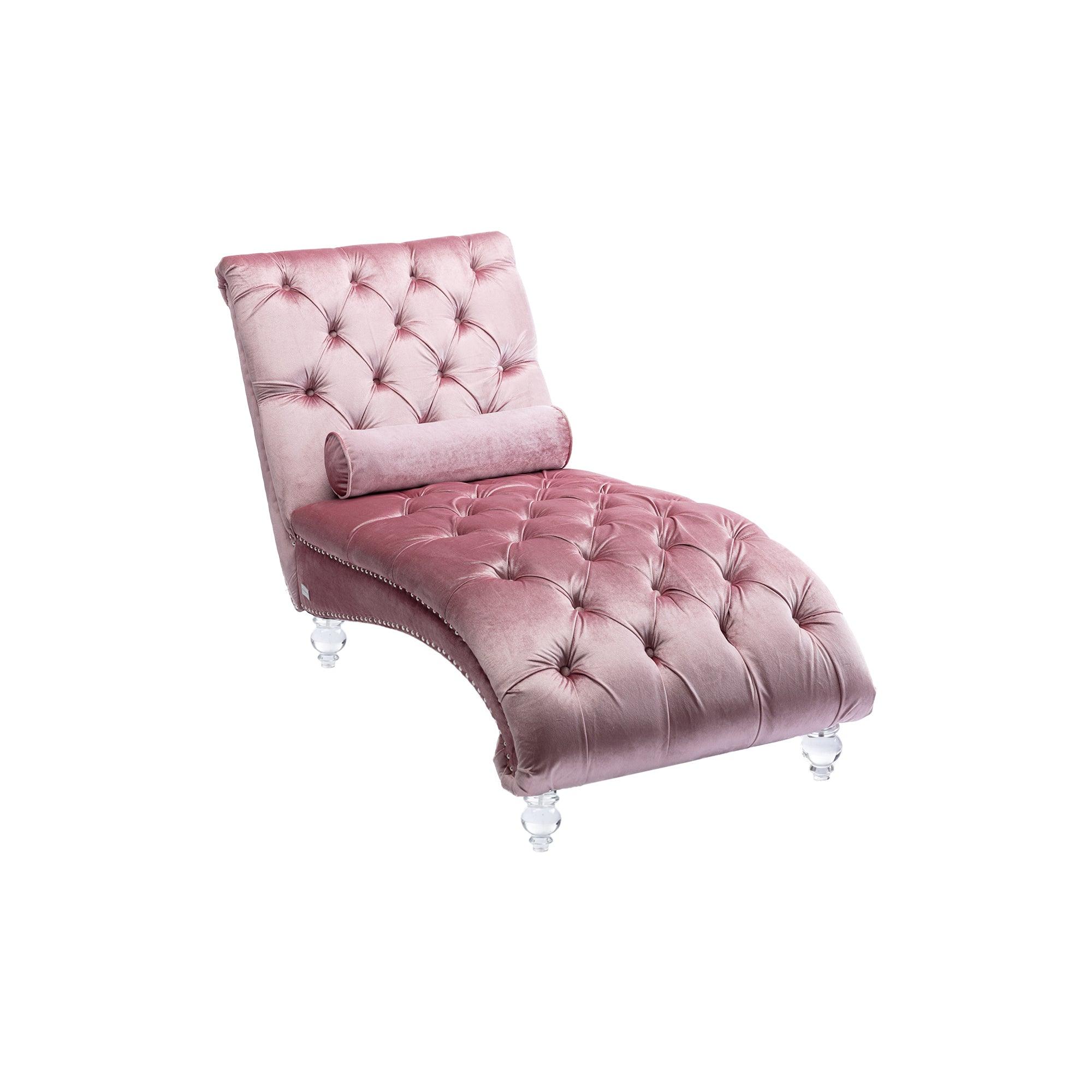 Luxury Velvet Chaise Lounge Chair - Button Tufted Upholstered Sofa with Pillow for Bedroom, Living Room & Office - Pink Velvet Chaise Lounge - Perfect for Reading Nook, Home Decor & Relaxation