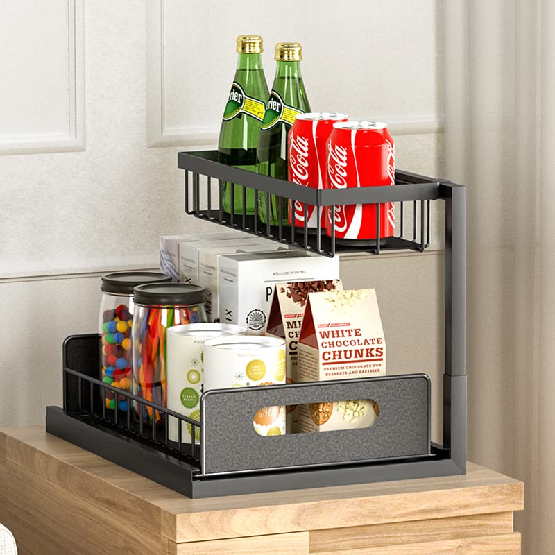 2-Tier Under Sink Organizer - Rustproof Sliding Cabinet Storage Shelf for Kitchen & Bathroom | Space-Saving Solution for Sponges, Cleaners & Toiletries Under Counter