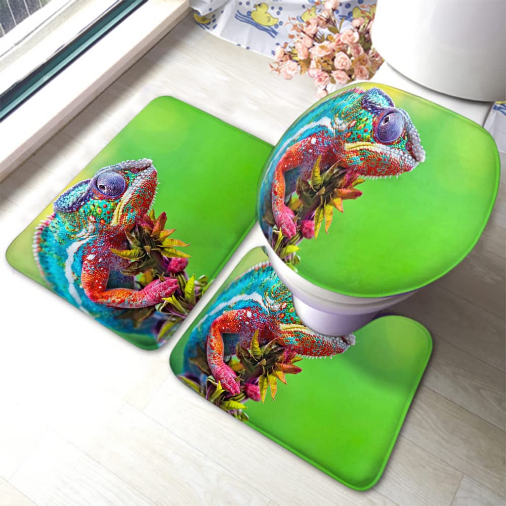Zaueky Wild Chameleon 3-Piece Bathroom Rug Set - Non-Slip Bath Mat with Rubber Backing, U-Shaped Contour Rug & Toilet Lid Cover - Vibrant Reptile Pattern for Nature Lovers - Perfect for Bathroom Decor and Home Spa Experience