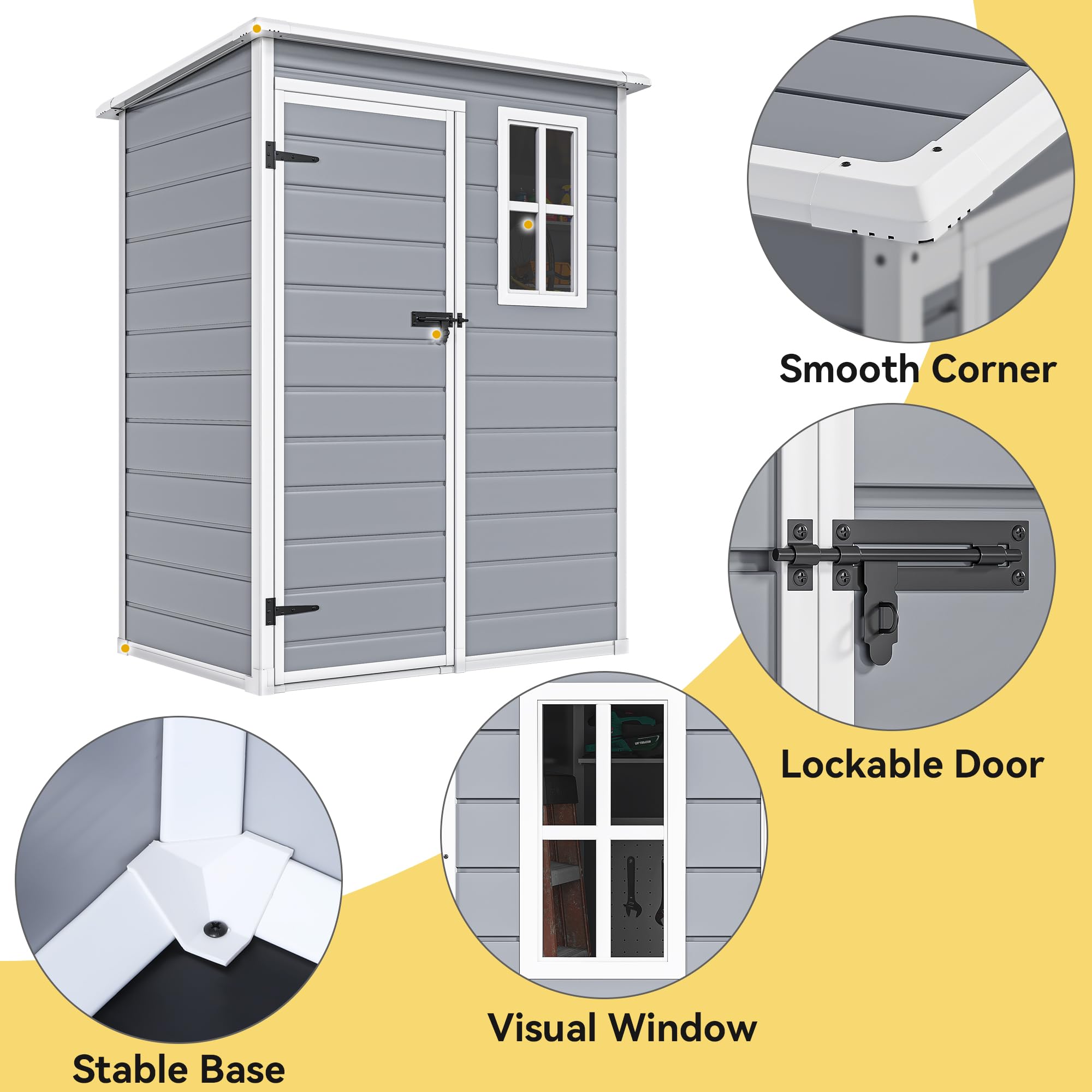 DWVO 5x3ft Waterproof Resin Outdoor Storage Shed with Floor & Lockable Door - Heavy Duty Plastic Garden Shed with Window for Backyard, Patio, Lawn Tool Organization (Gray) - Perfect for Storing Lawn Mowers, Gardening Tools & Outdoor Equipment