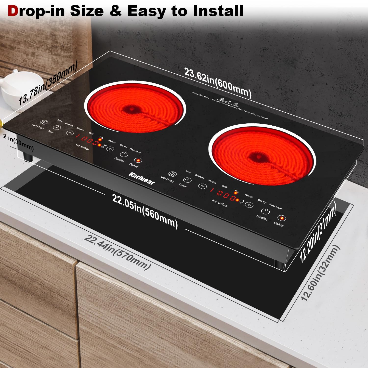 Karinear 24 Inch 2 Burner Electric Cooktop - 110V-120V Built-in or Countertop Stove with Touch Controls, Child Safety Lock, Timer & Outlet Plug - Perfect for Small Kitchens, Apartments & RVs (White)