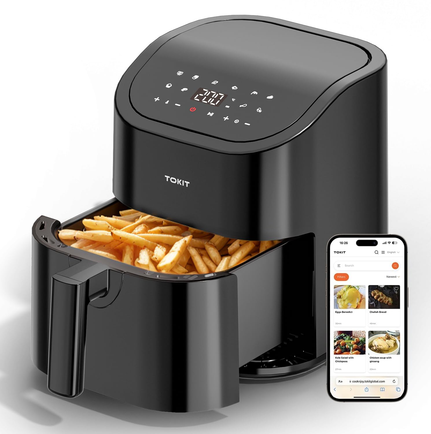 TOKIT 4.8QT Compact Air Fryer with 10-in-1 Functions - Air Fry, Roast, Bake, Broil, Reheat & Dehydrate | 360°Air Crispy Technology | 400℉ Max Temp | Nonstick Dishwasher Safe Basket | Includes Online Recipes - Perfect for Family Meals, Healthy Cooking & Quick Snacks