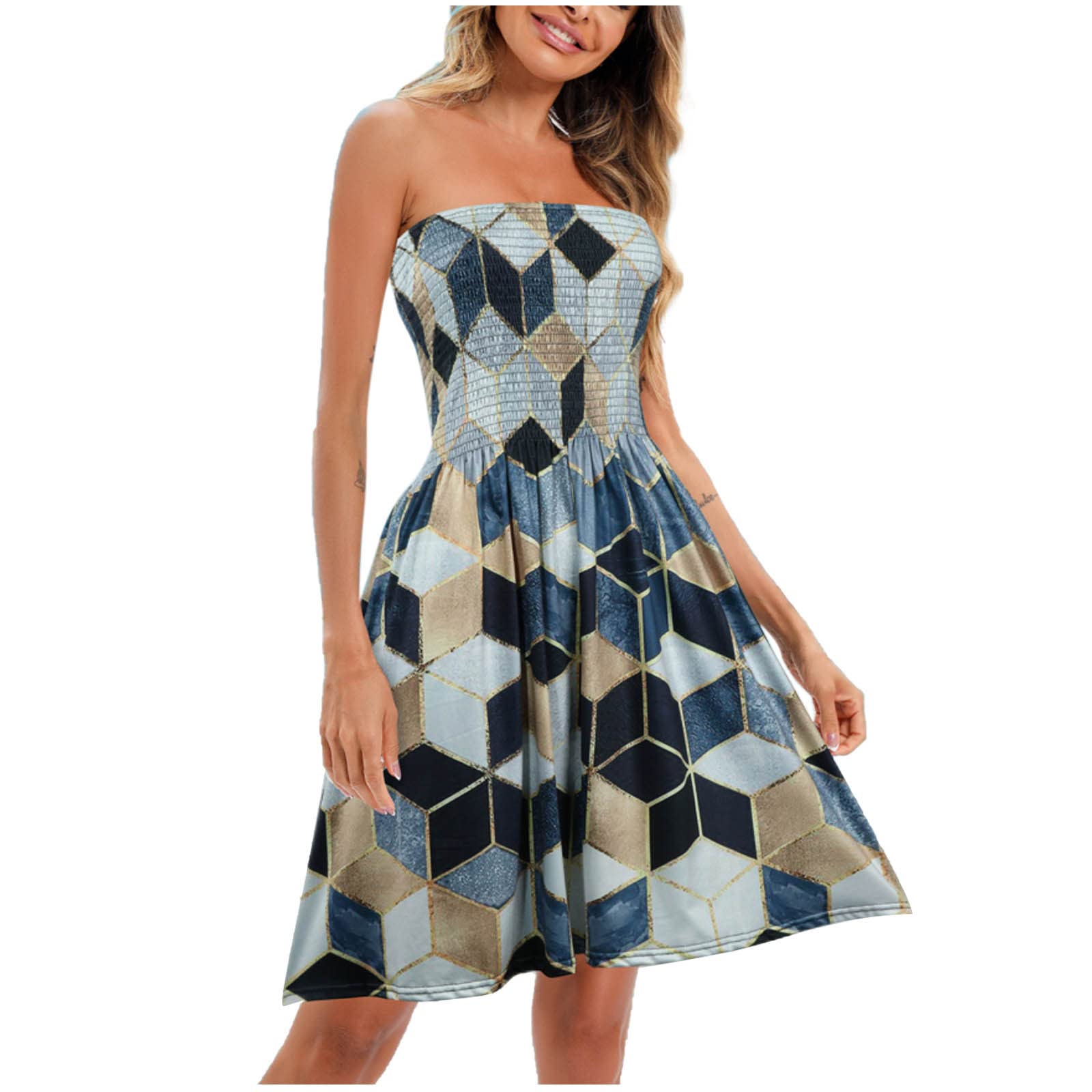 Strapless Boho Print Flowy Swing Dress for Women - Summer Sleeveless Mini Dress with Elastic Waist | Perfect for Beach Parties, Prom Night & Casual Outings