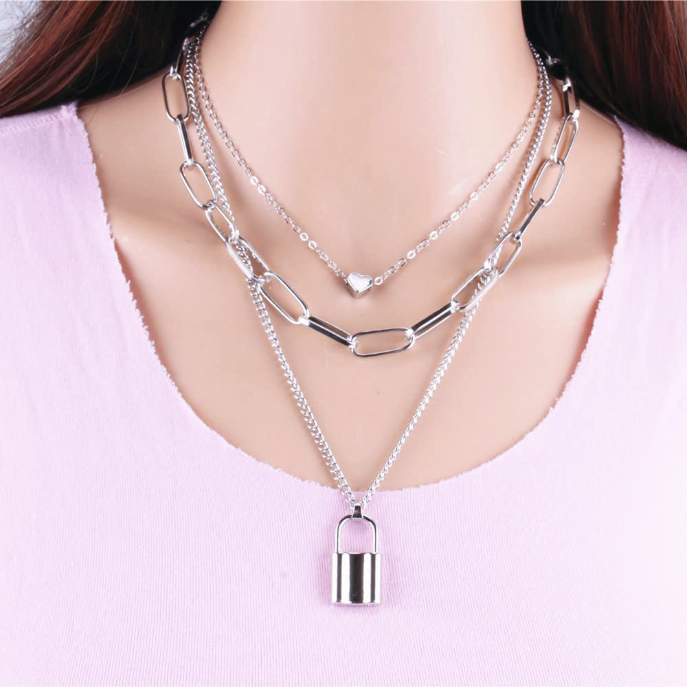 ONLYJUMP Stacked Lock Necklaces for Women - Black Lock Chains Heart Grunge Layered Necklace, Chunky Stylish Minimalist Pendant Jewelry for Casual Wear, Date Night & Gift Giving