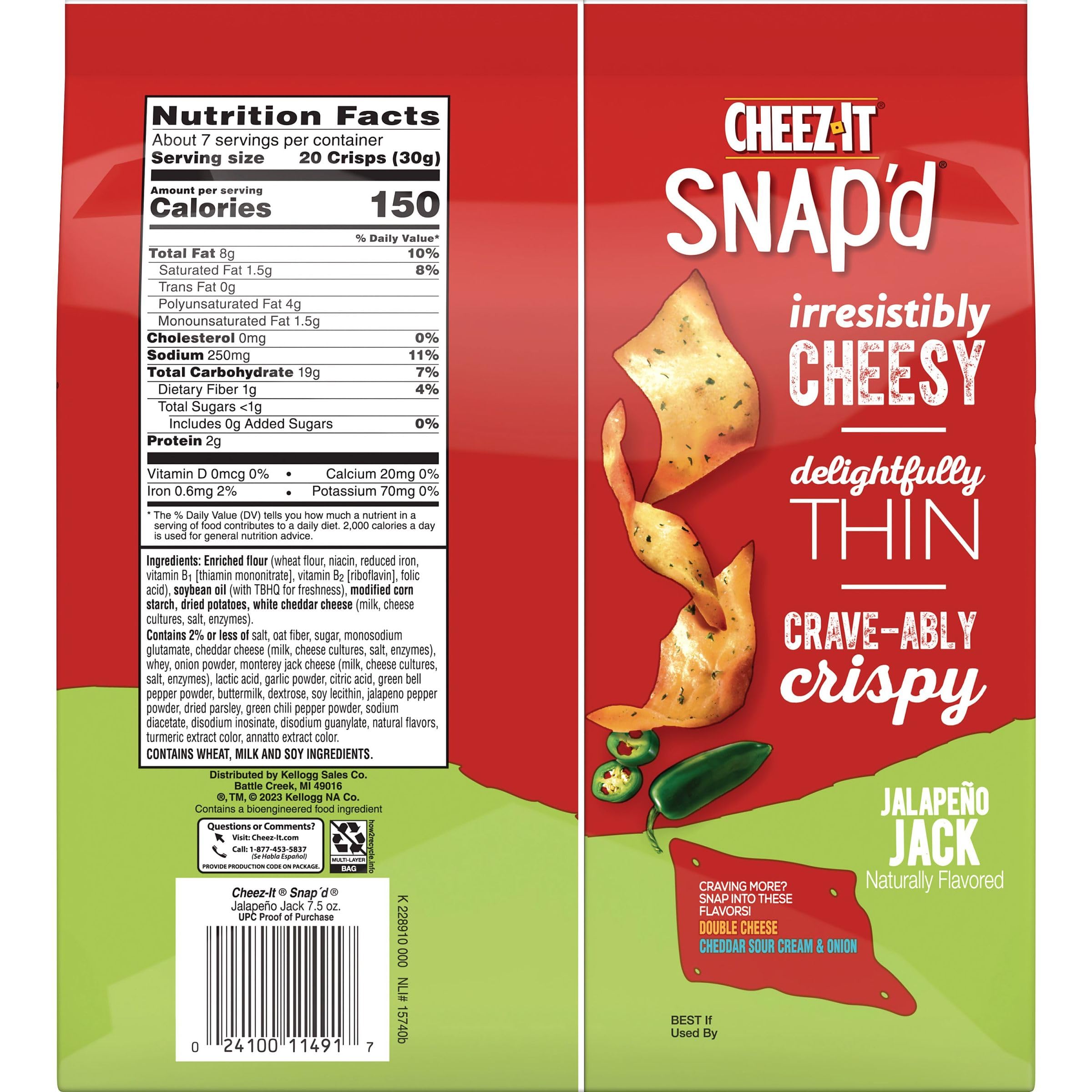Cheez-It Snap'd Thin & Crispy Jalapeno Jack Cheese Crackers - 7.5oz Bag - Spicy Snack Chips for Lunch, Parties & On-the-Go Snacking - Crunchy Cheese Flavored Crisps Perfect for Movie Nights & Road Trips