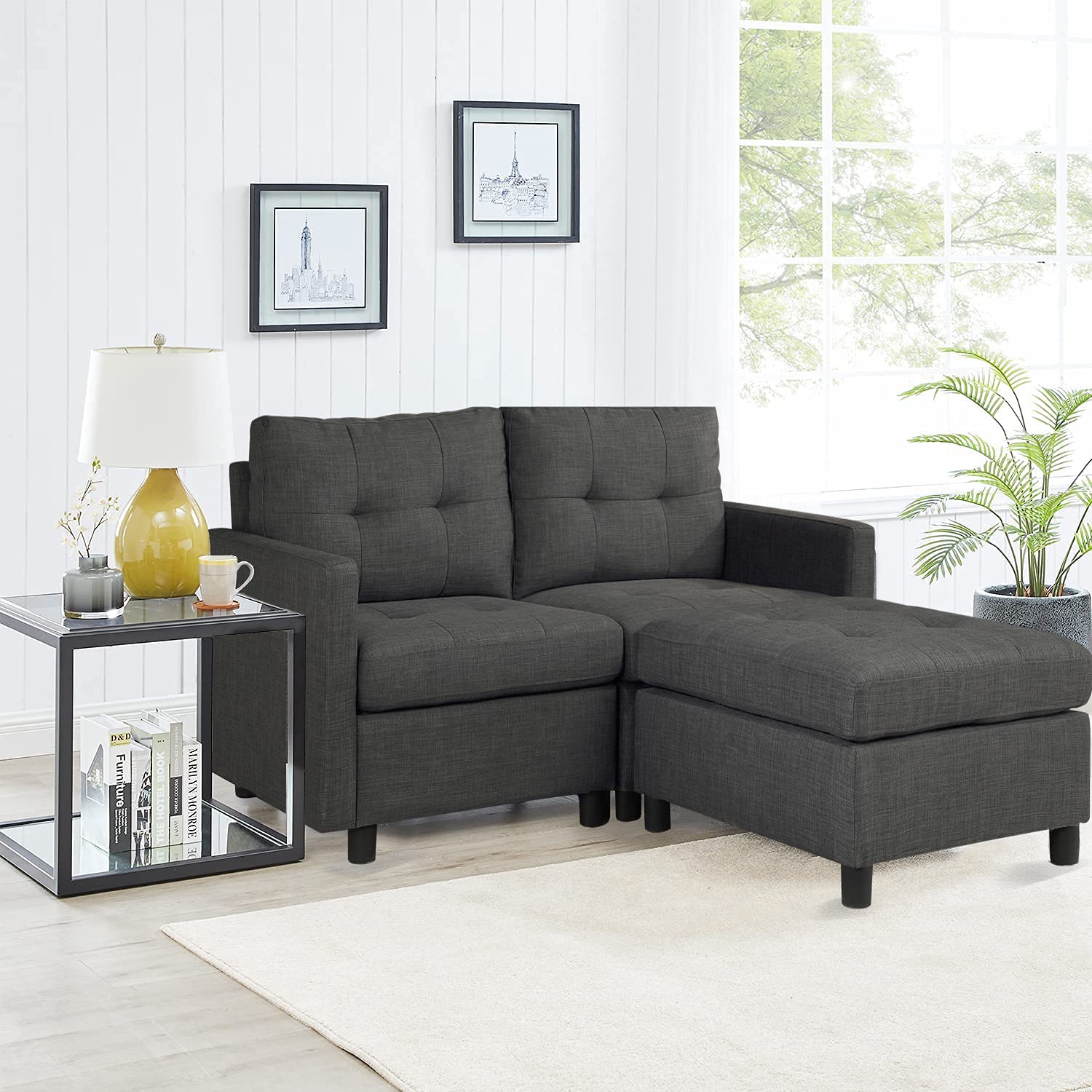 Sunflower Fabric Ottoman Footrest Stool - Dark Grey Modular Living Room Furniture for Sectional Sofa Sets | Perfect for Lounging, Extra Seating & Home Decor