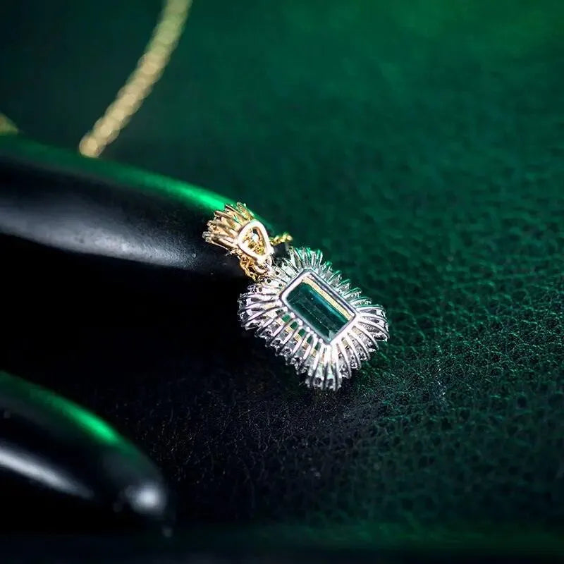 Luxury 18K Two-Tone Gold Emerald Cut Gemstone Pendant Necklace for Women - 7x9mm Natural Diamond & Emerald Jewelry - Perfect for Weddings, Anniversaries & Special Occasions