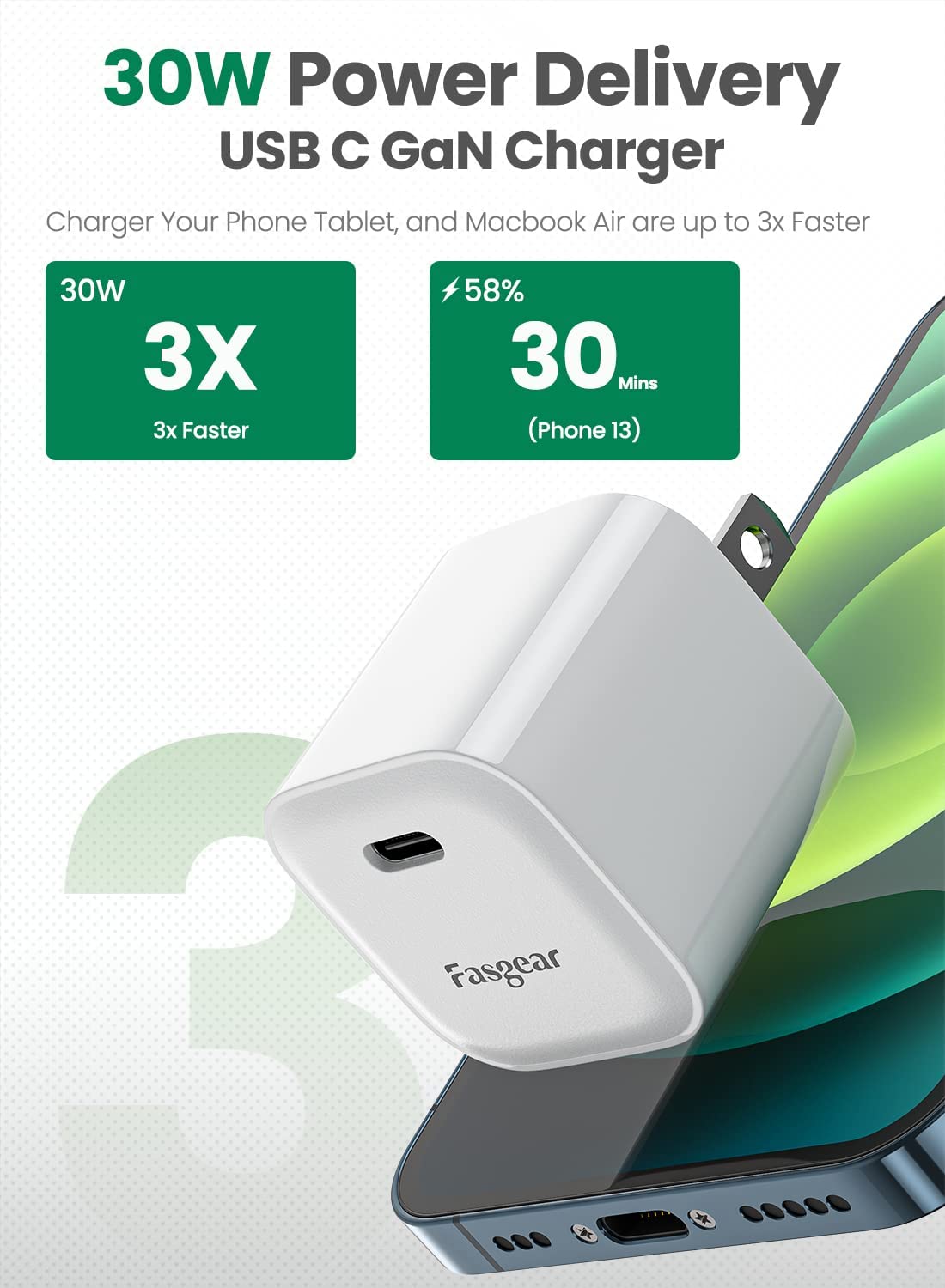 30W USB C GaN Fast Charger - Compact & Portable Power Adapter for iPhone 14 Pro Max/13/12/SE, MacBook Air, iPad Pro/Mini, Samsung Galaxy S23/S21, Pixel 7 - Fast Charging Block for Home, Office & Travel