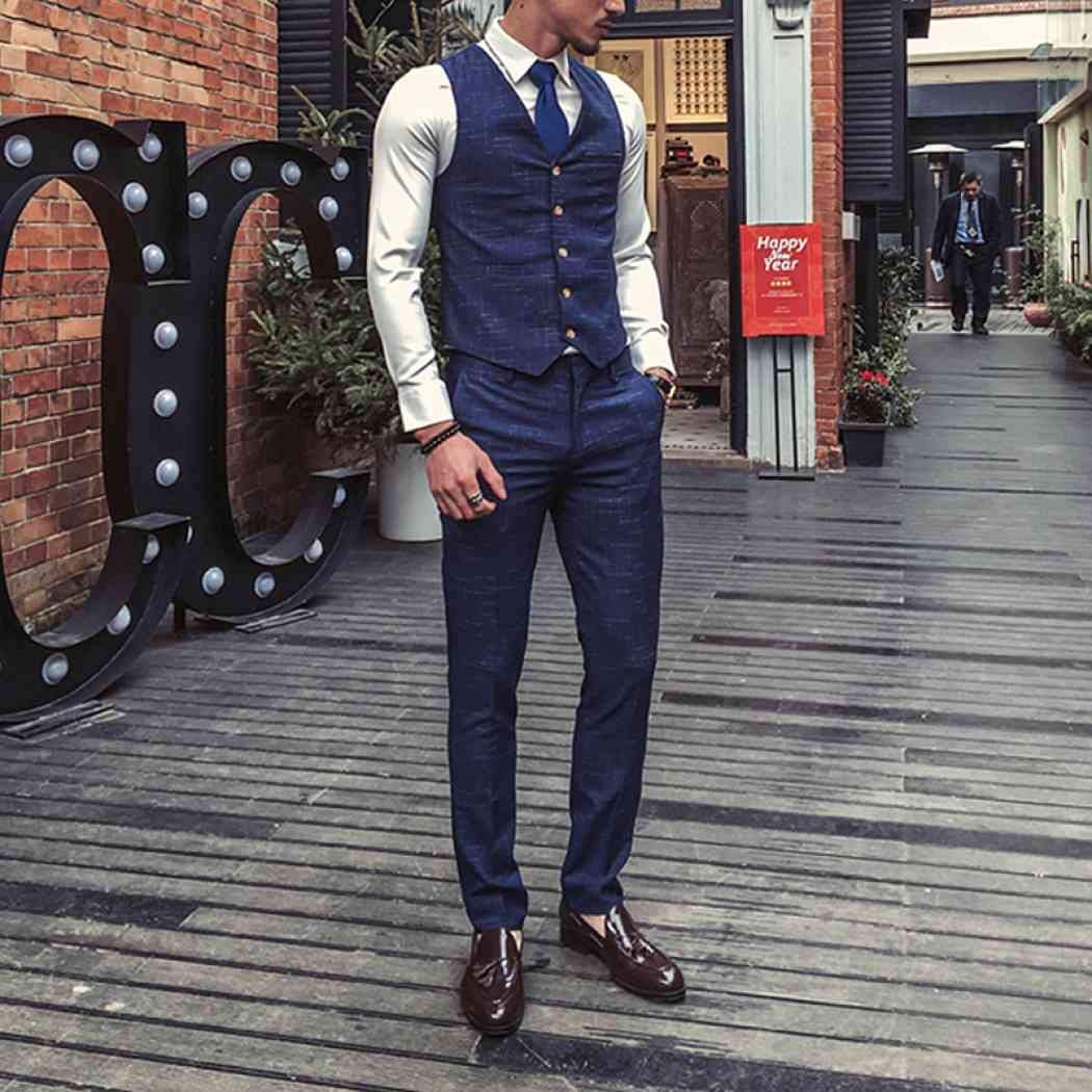 Frank Men's 3-Piece Classic Tweed Herringbone Navy Blue Slim Fit Vintage Suit - Perfect for Weddings, Business Meetings & Formal Events