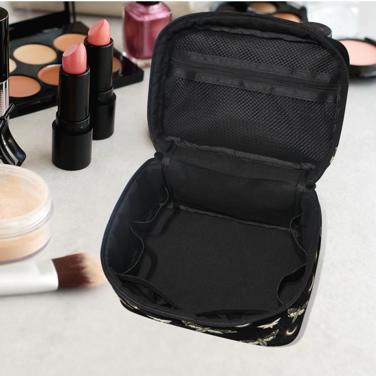 Gothic Moth Makeup Bag for Women - Travel Cosmetic Organizer with Compartments | Perfect for Vanity & On-the-Go