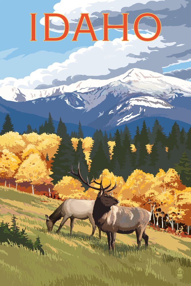 Lantern Press Idaho Elk and Mountains Wall Art - 16x24 Wrapped Canvas Print for Home Decor, Office & Cabin - Nature Landscape Painting for Living Room, Bedroom or Gift