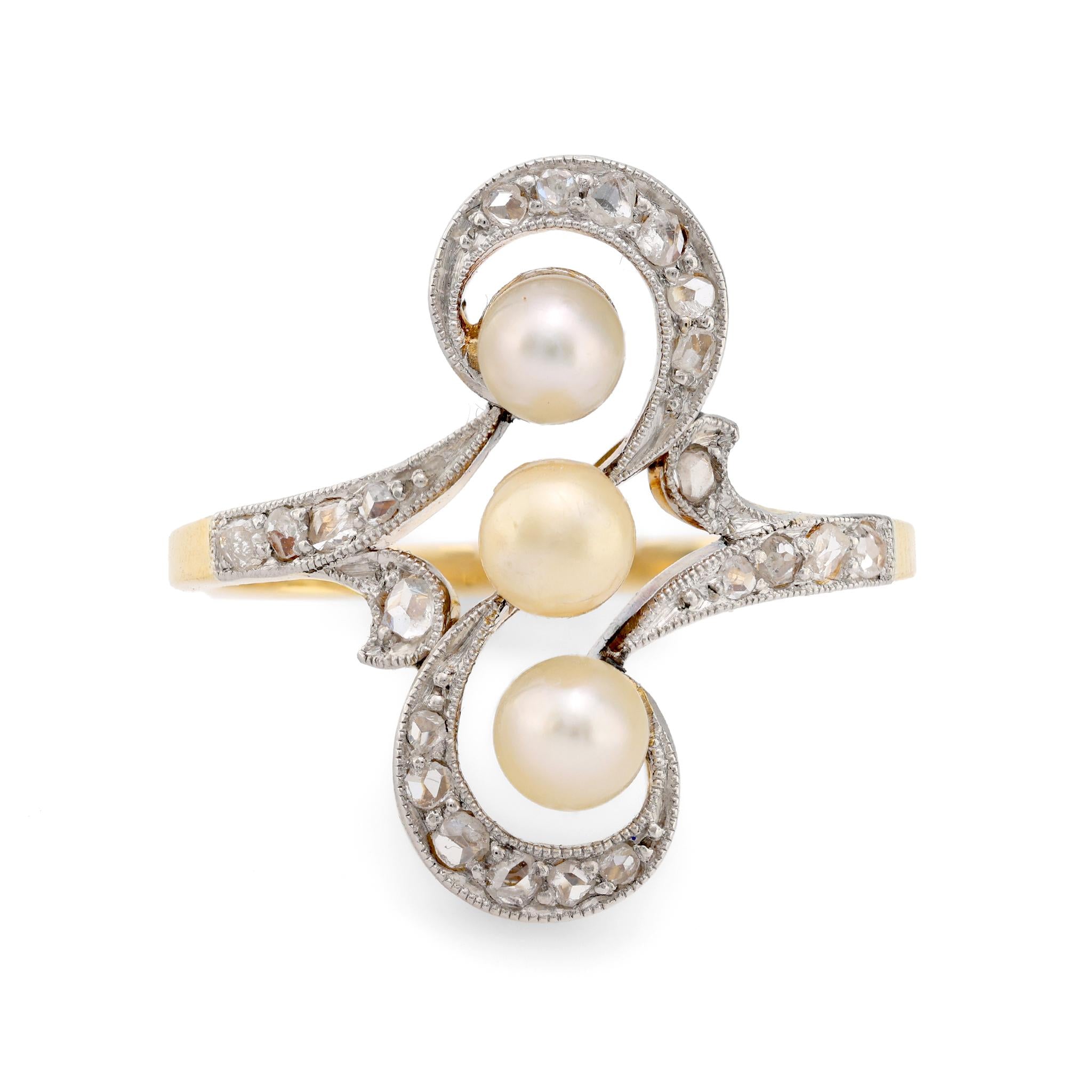 Edwardian Pearl & Diamond 18K Yellow Gold Platinum Navette Ring | Vintage Bridal Jewelry, Wedding Gift, Antique Engagement Ring