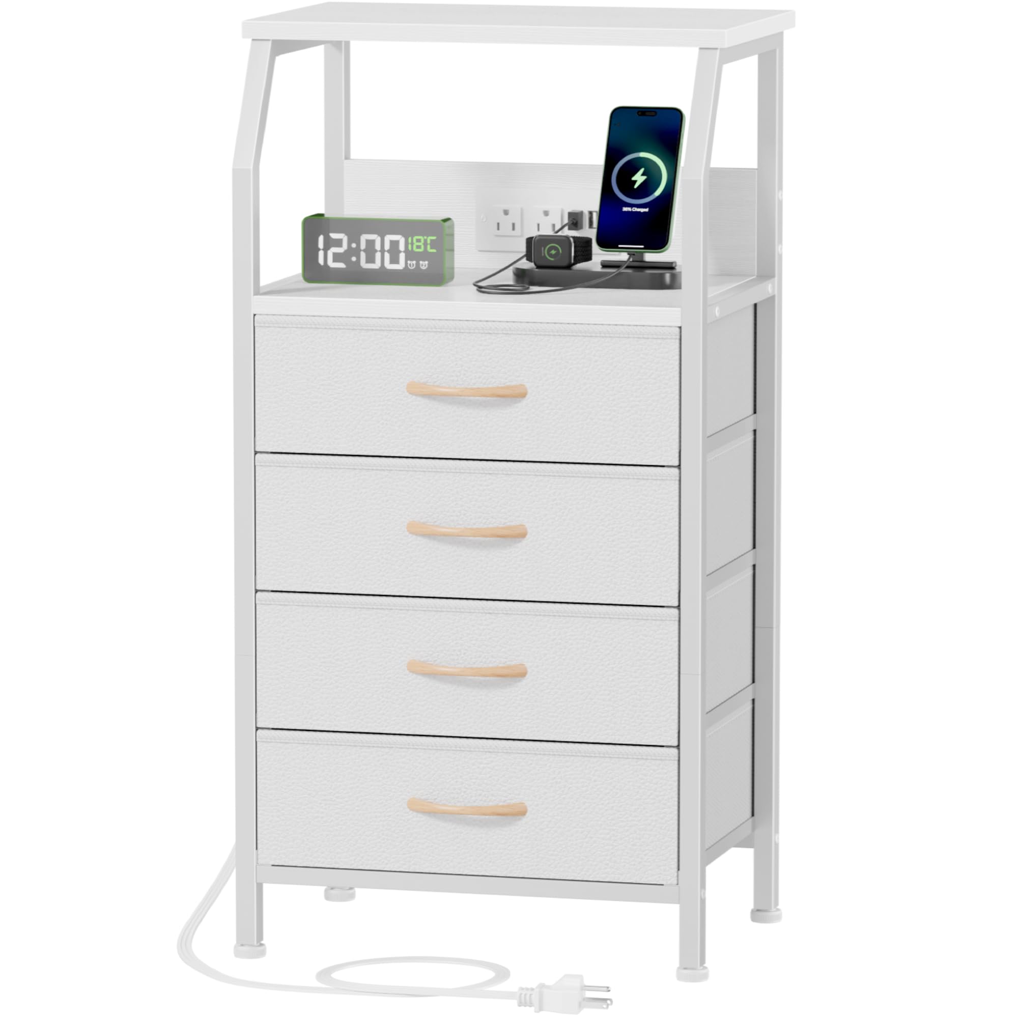 Furnulem 33.3 Inch Nightstand with USB Charging Station - White PVC & Fabric Drawers Bedside Table with Open Shelf - Multi-Functional for Bedroom, Closet, Entryway - Perfect as Dresser, Side Table or Storage Organizer