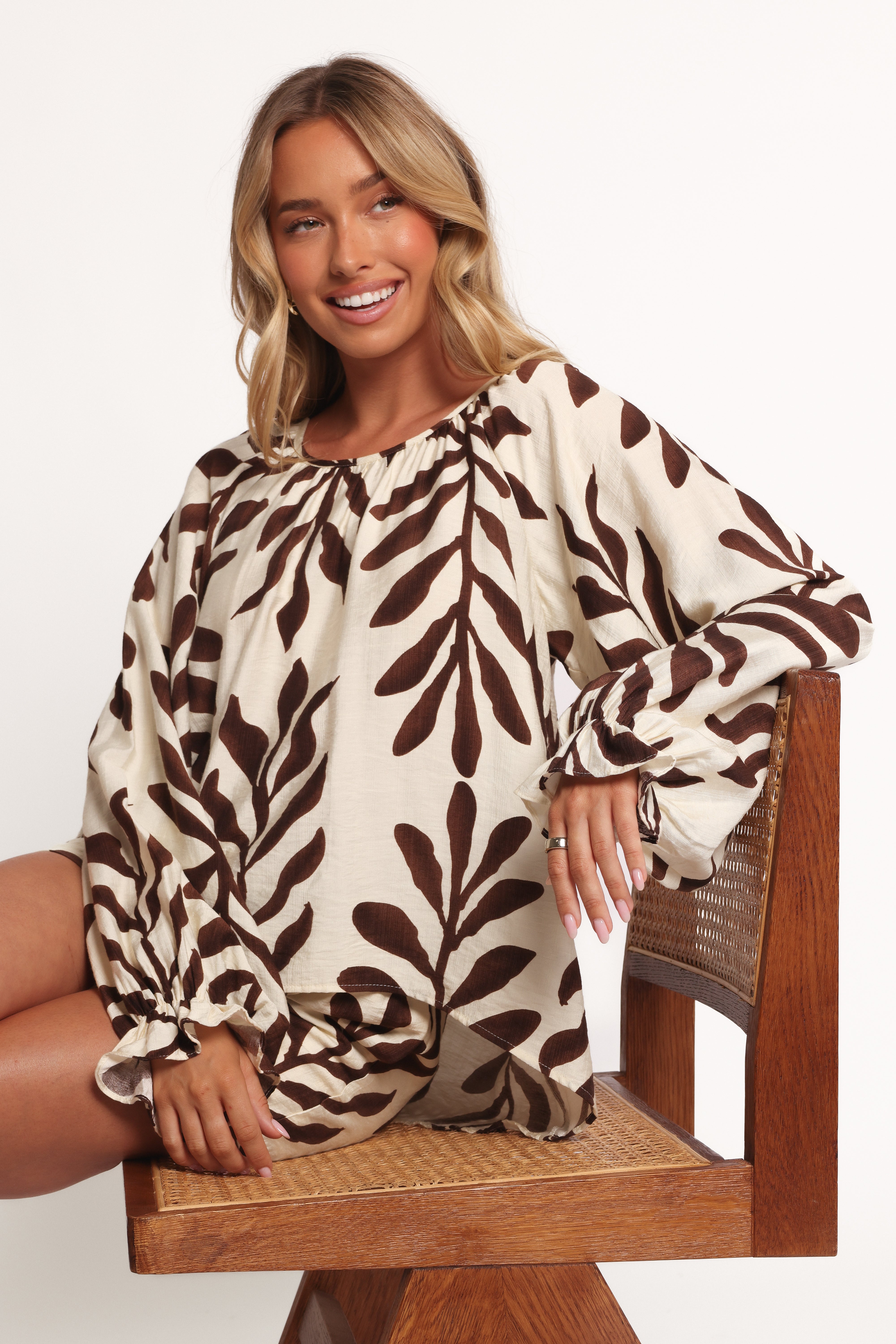 July Women's Long Sleeve Smock Top - Brown Palm Print Boho Blouse for Casual Wear, Work & Fall Outfits