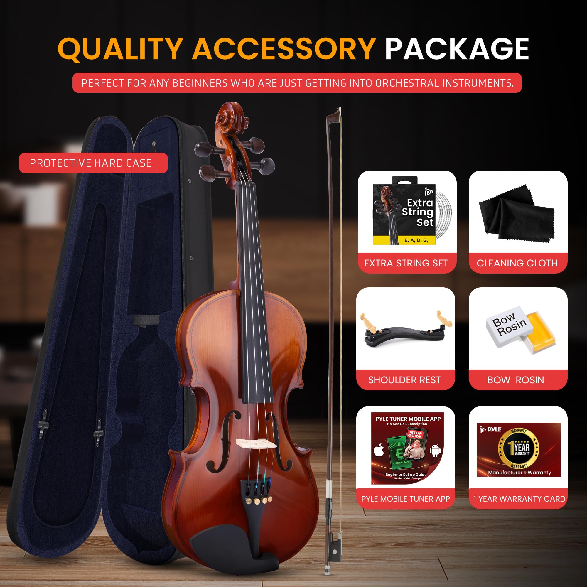 **Pyle 1/4 Size Beginner Violin Starter Kit - Full Set with Travel Case, Bow, Extra Strings, Digital Tuner, Shoulder Rest & Cleaning Cloth - Perfect for Students, Kids & Adults - Ideal for School, Practice & Travel**