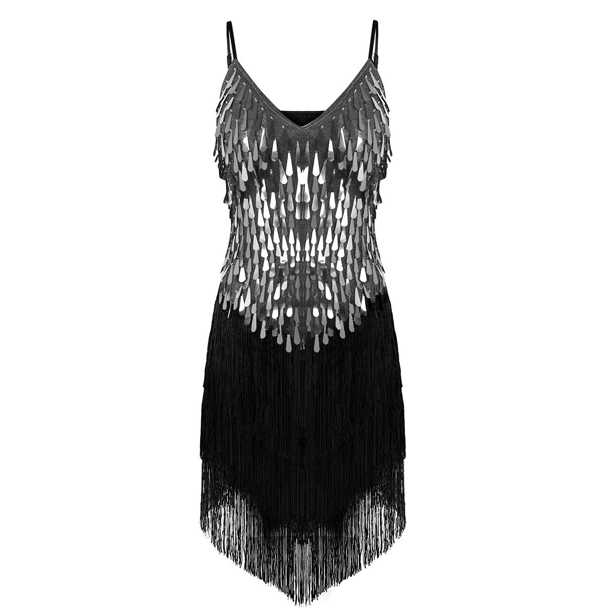 TiaoBug Women's Seamless Sequin Tassel Dance Dress - Samba Rumba Tango Latin Ballroom Performance Costume for Competition & Stage Shows