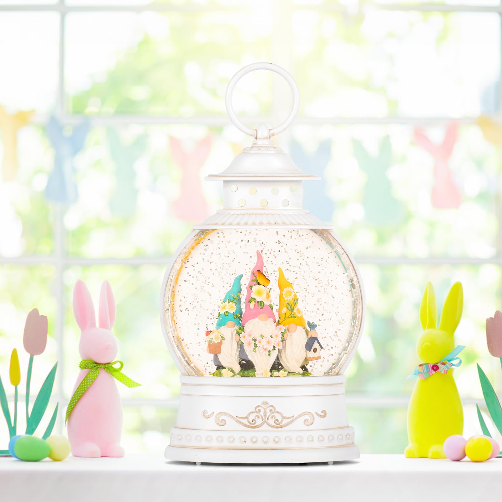 Spring Snow Globe with 6H Timer & Swirling Glitter - Battery/USB Powered Easter Gnome Decor for Home Shelf, Tabletop & Gift Giving | Perfect for Spring Holiday Decorations, Easter Centerpieces & Cozy Home Accents
