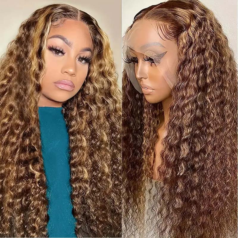 **28inch Pre-Colored Human Hair Curly Wig - Burgundy/Brown/Highlight 13x4 Lace Frontal Wig | Natural Look & Heat Resistant | Perfect for Cosplay, Parties & Daily Wear**