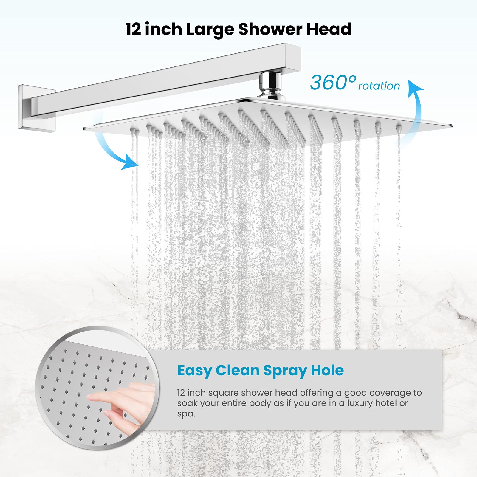 Gotonovo 12 Inch Square Chrome Polished Shower Faucet Set - Wall Mount Rainfall Shower System with 2-in-1 Cylindrical Handheld Shower & Rough-in Valve | Modern Bathroom Upgrade for Spa-Like Experience
