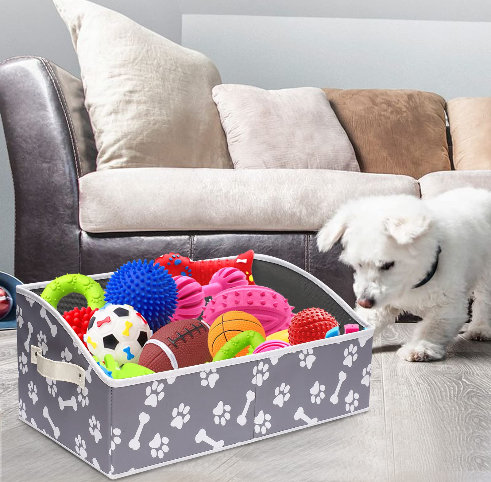 Morezi Linen-Cotton Blend Dog Toy Basket with Bone Paw Design - Pet Toy Storage Organizer for Dog Toys, Blankets & Leashes - Perfect for Living Room, Bedroom or Pet Play Area Organization