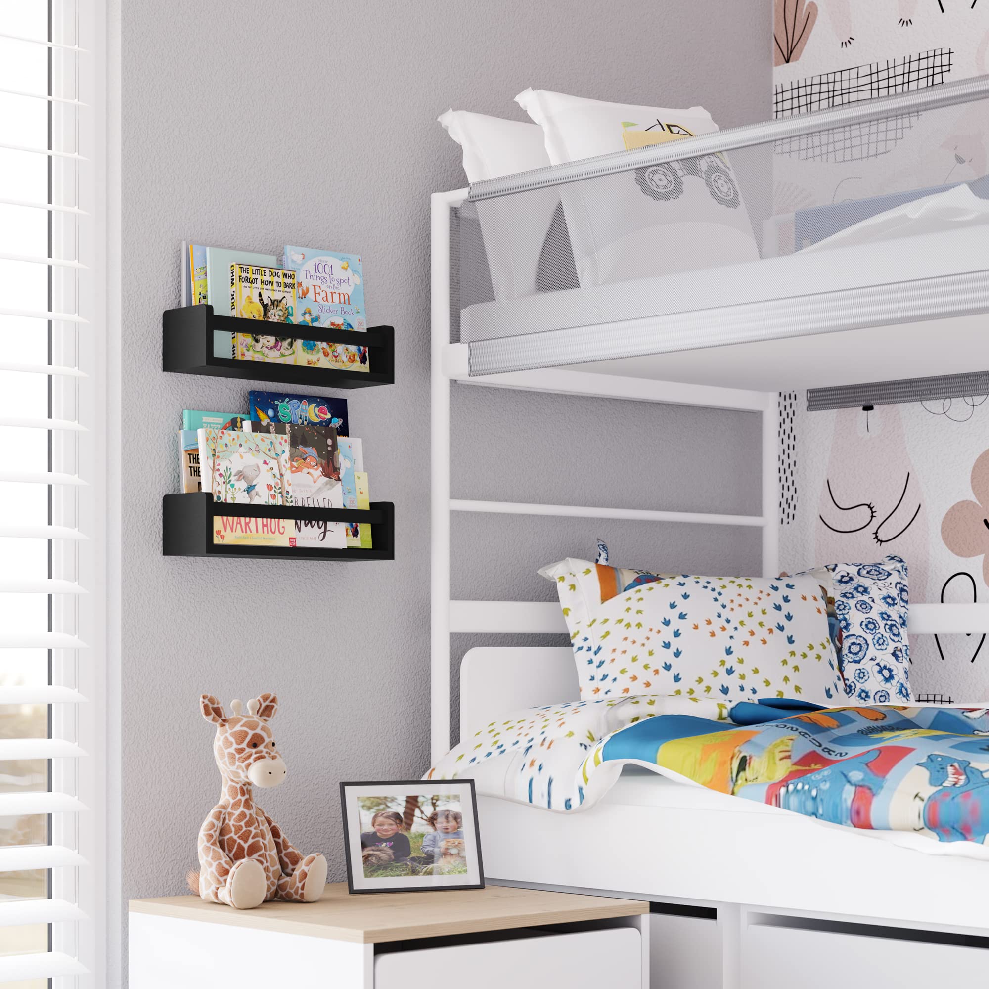 Wallniture Utah Floating Shelves Set of 2 - Modern Wood Wall Shelves for Kids Books, Picture Frames & Nursery Decor - Black - Perfect for Bedroom, Living Room & Home Organization
