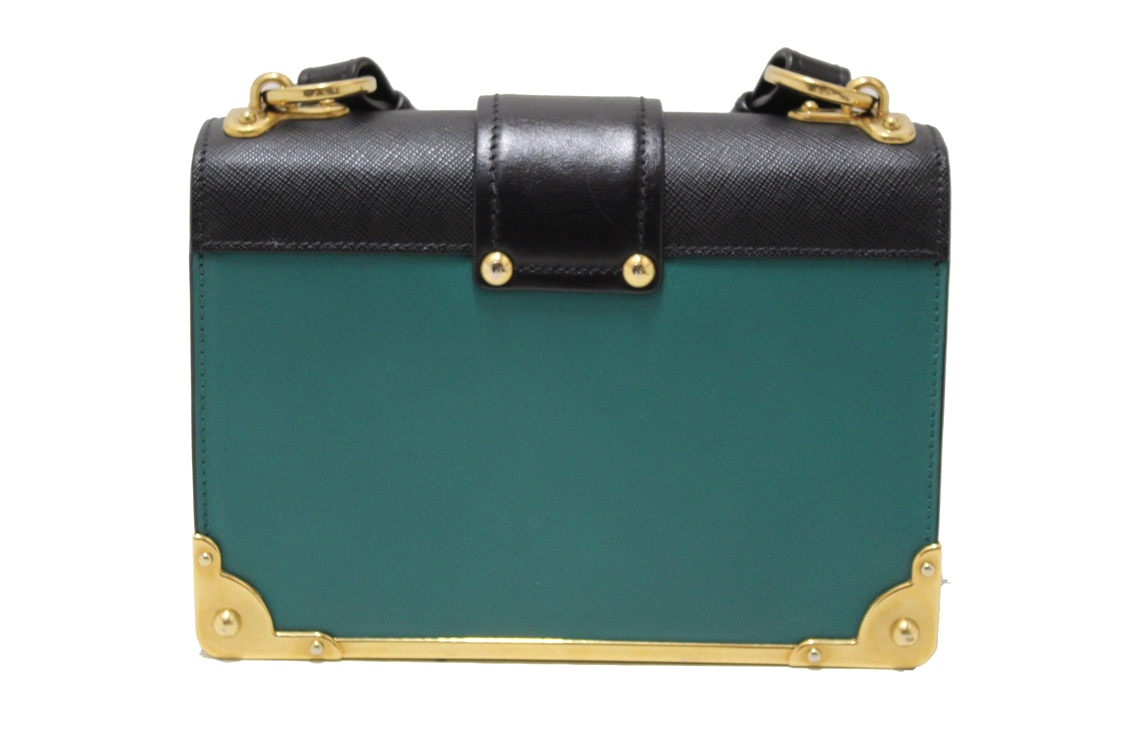 Authentic Prada Cahier Bag - Emerald Green & Black Leather Crossbody Purse for Women | Luxury Designer Handbag for Work, Travel & Evening Events