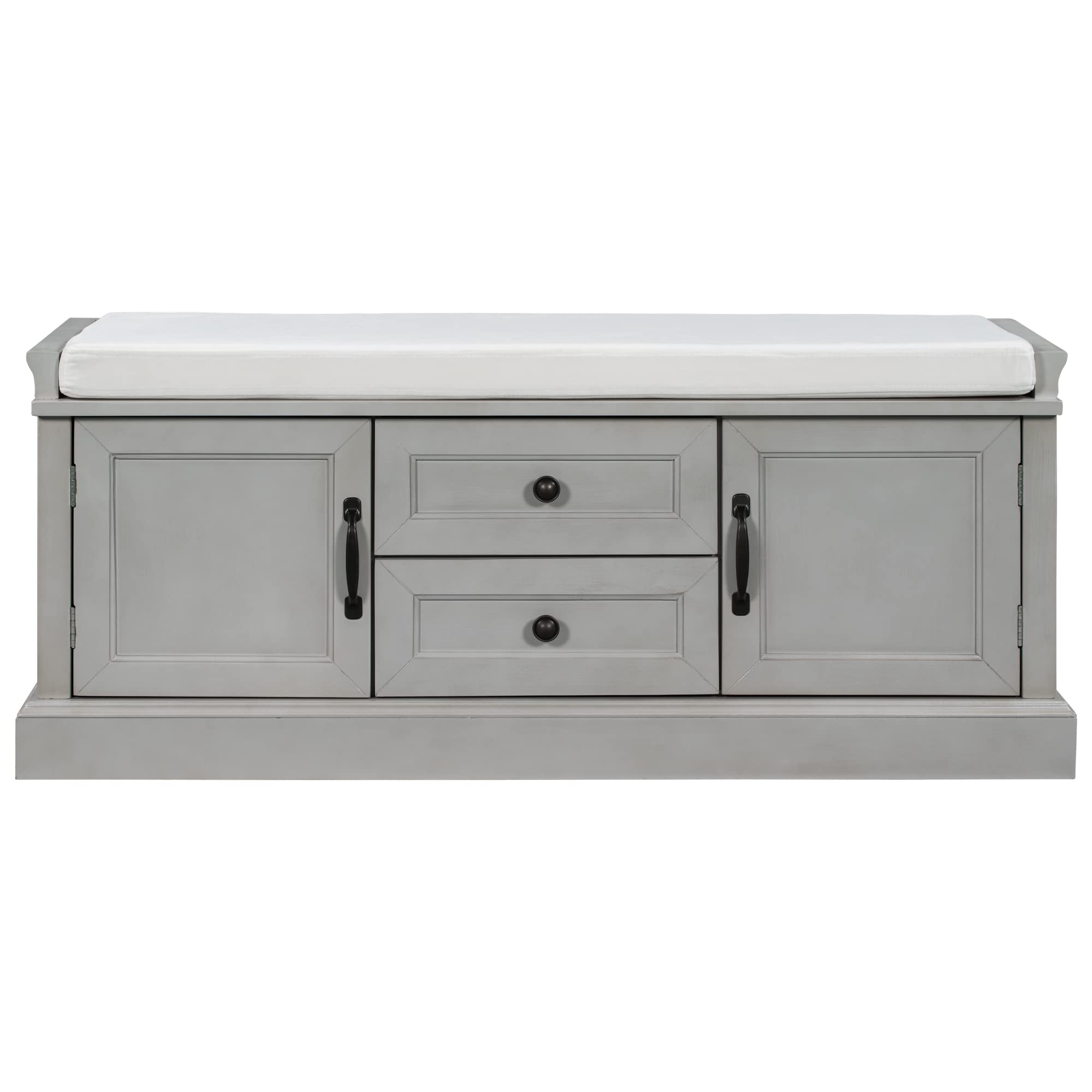 Storage Bench with 2 Drawers & 2 Cabinets - Entryway Bench with Removable Cushions - Shoe Organizer for Hallway, Living Room - Grey - Perfect for Small Spaces & Home Organization