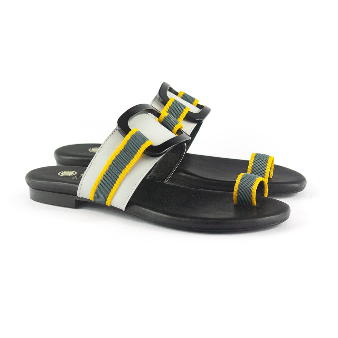 Gala Vegan Leather Slide Sandals for Women - Comfortable Grey & Yellow Casual Summer Shoes | Perfect for Beach, Pool, and Vacation Wear