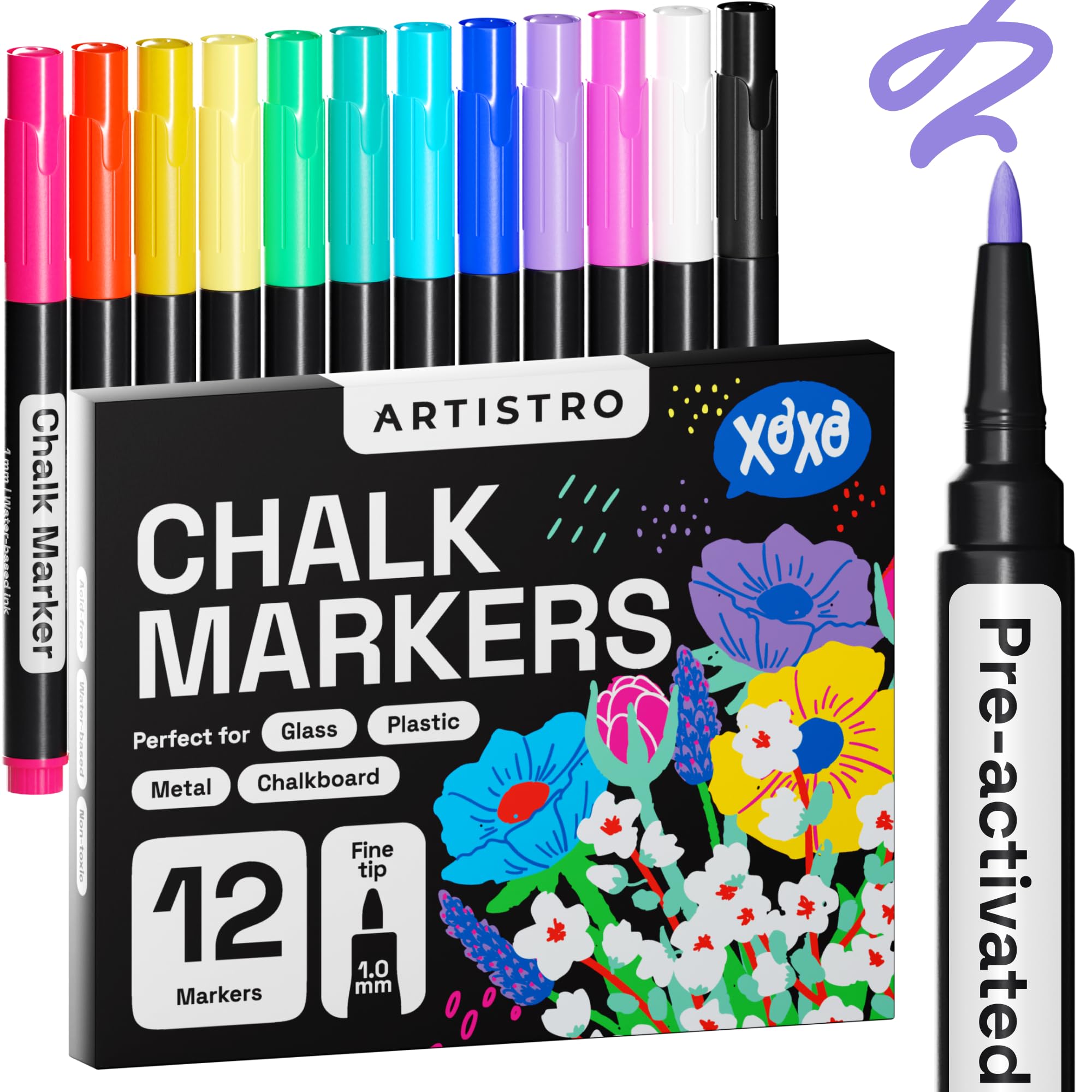 ARTISTRO 12 Pack Liquid Chalk Markers - Fine Tip, Erasable, Pre-Activated - Perfect for Glass, Signs, Windows, Cars & Chalkboard Paint - White Chalk Pens for Kids & Adults - Ideal for DIY Projects, Home Decor, Restaurants & Classroom Activities