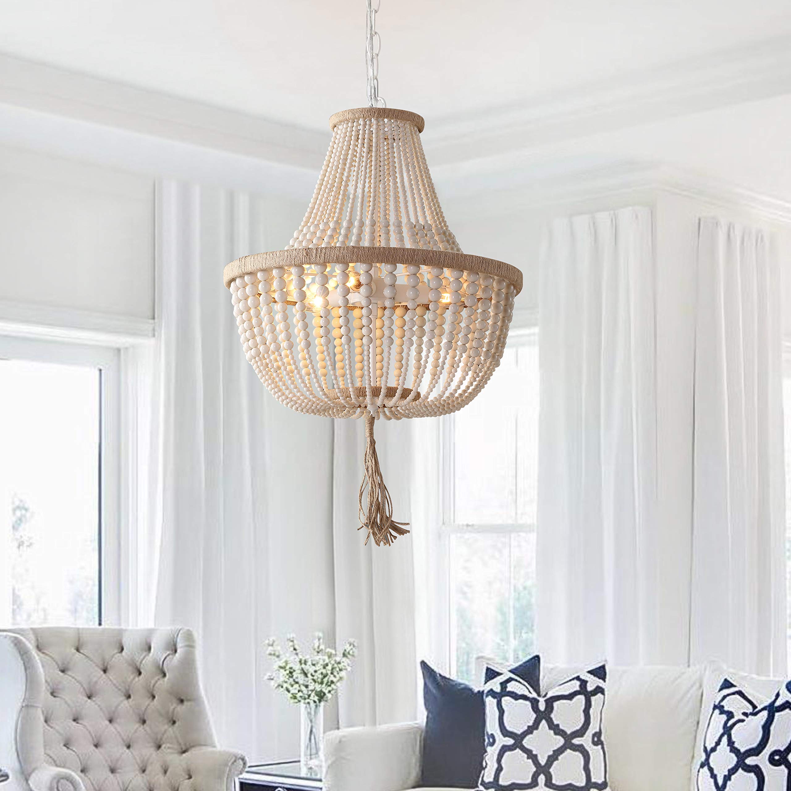 SAFAVIEH Lush Kristi Boho Farmhouse 17-inch 3-Light Adjustable Hanging Pendant Light with Beaded Tassel - Cream (LED Bulbs Included) | Perfect for Dining Room, Kitchen Island & Bedroom Lighting