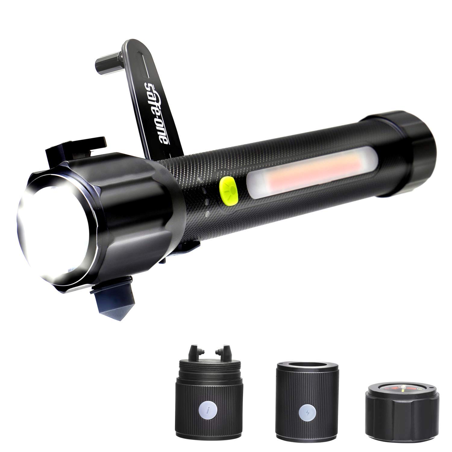 Emergency Car Flashlight with LED Light, Window Breaker & Seatbelt Cutter - USB Charging Port, Arc Lighter & Hand Crank - Perfect for Roadside Emergencies, Camping, Home Safety & Power Outages (Includes Alarm & Compass)